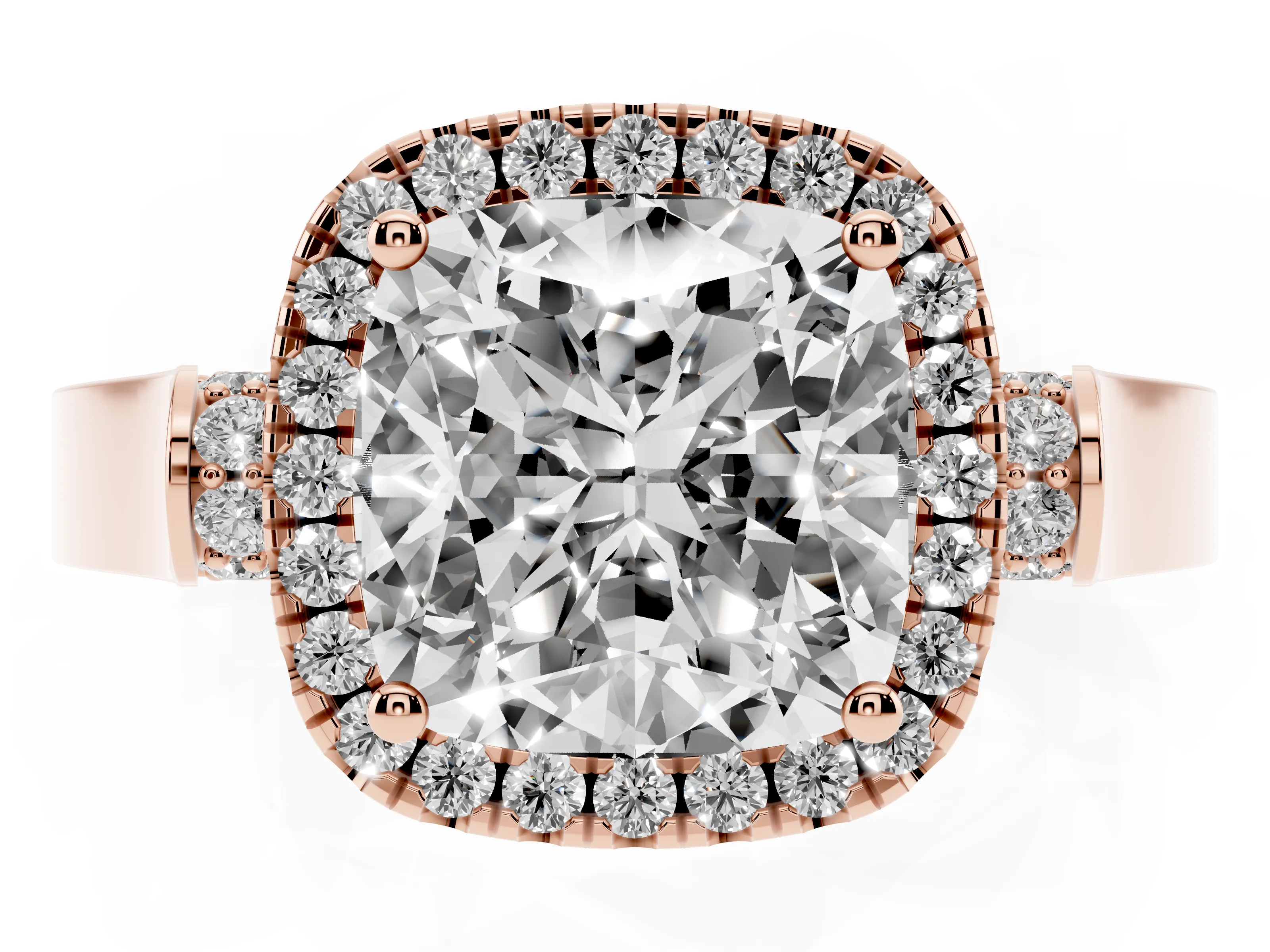 Cushion Cut Diamond Halo Ring Set in Rose gold with Pavé-Lined Split Shank Band