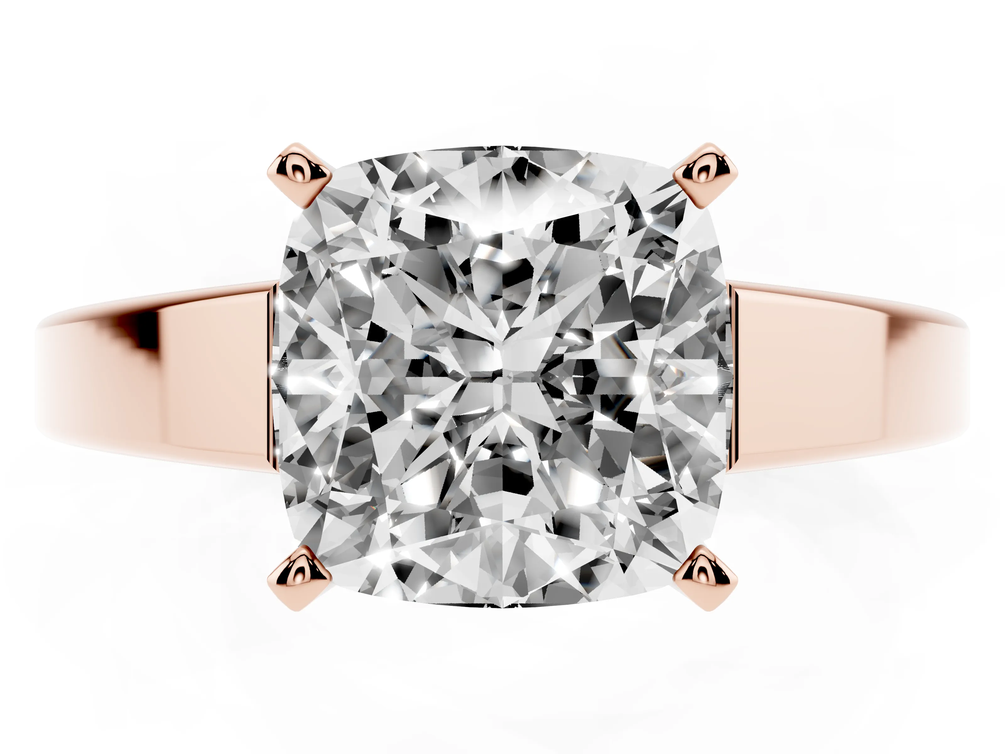 Cushion Cut Diamond Solitaire Engagement Ring Set in Rose gold with Prong Setting and Tapered Band