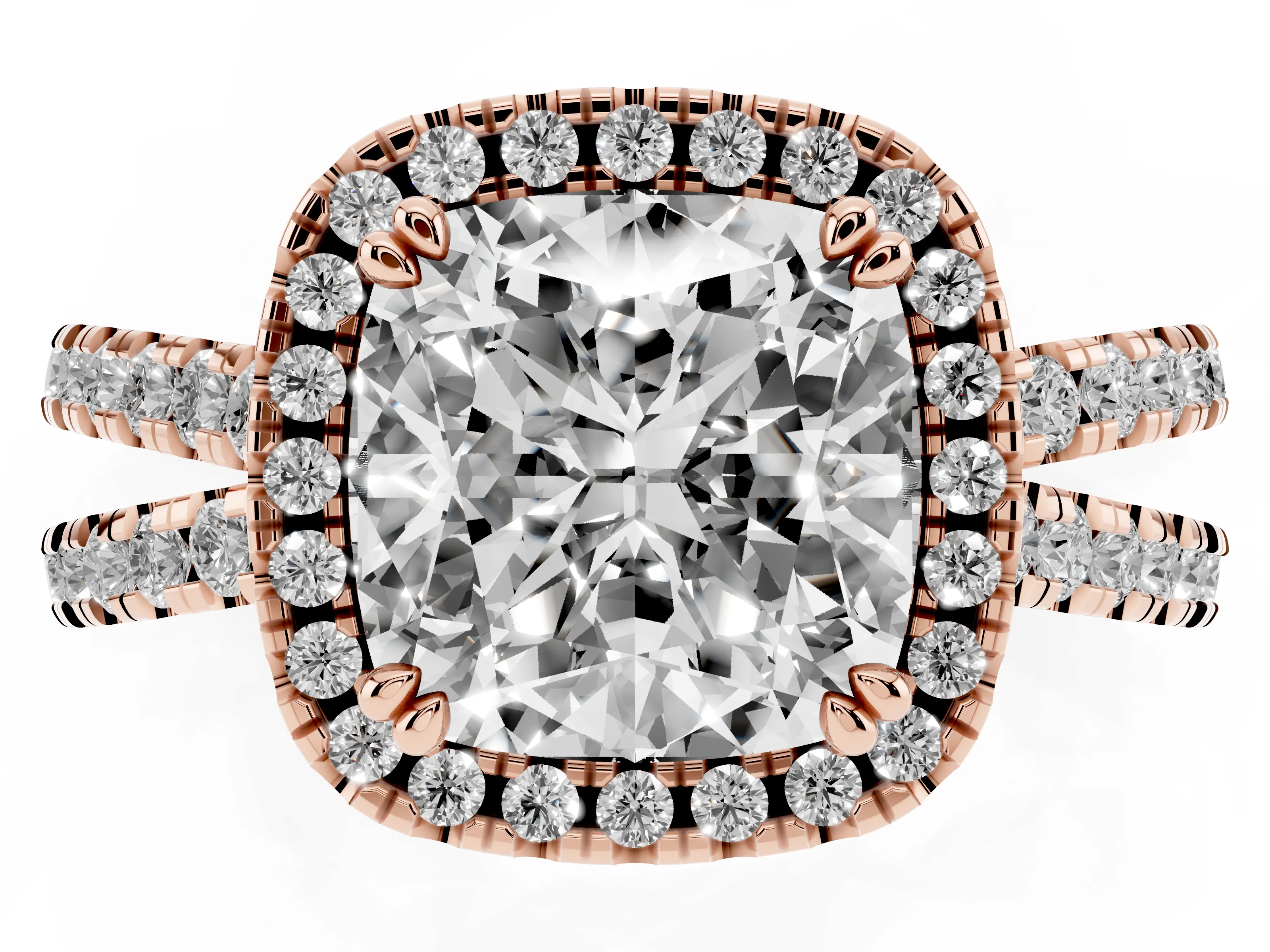 Cushion Cut Diamond Halo Split Shank Ring Set in Rose gold with Pavé Setting