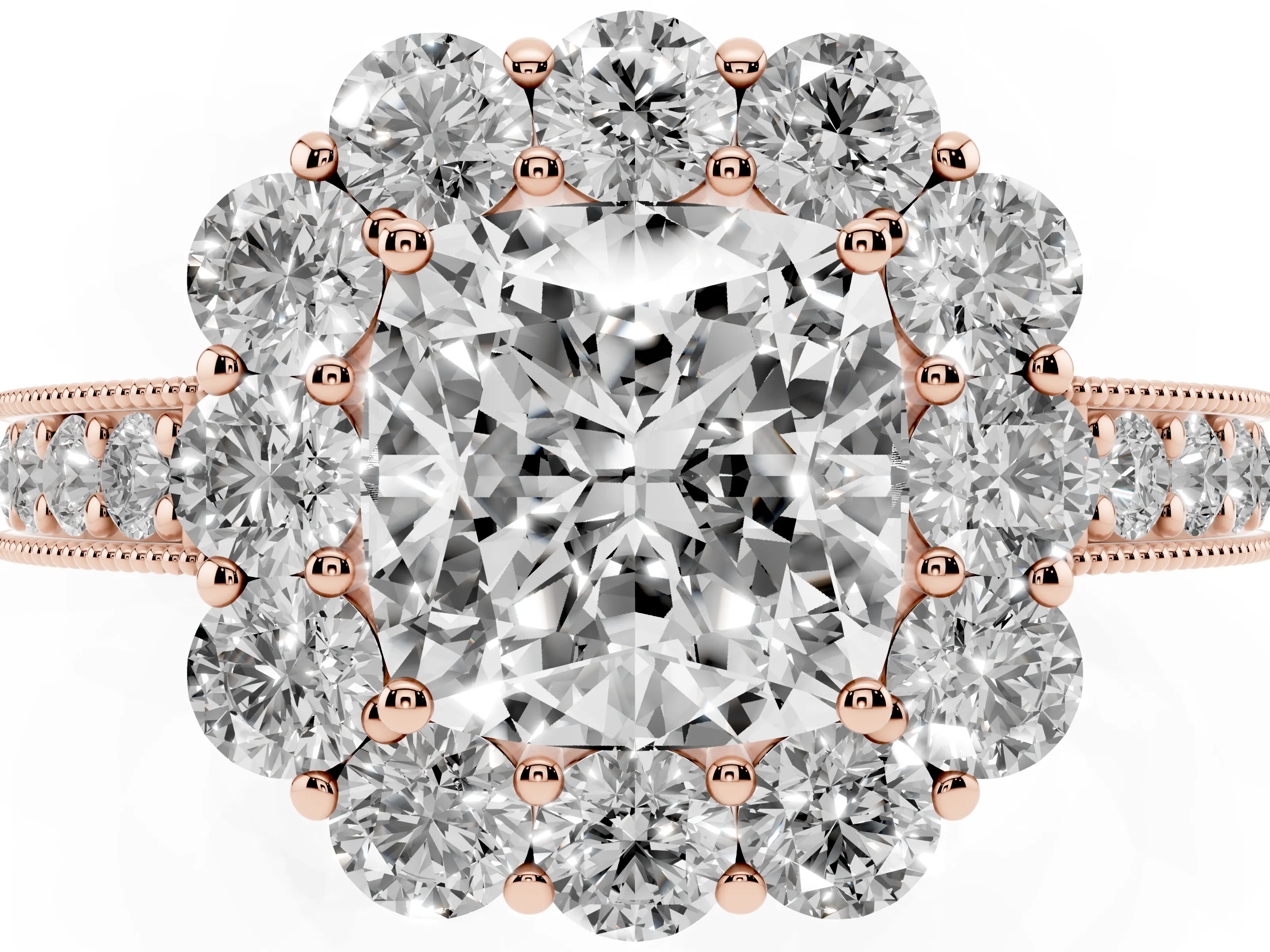 Cushion Cut Diamond Halo Pavé Engagement Ring Set in Rose gold with Milgrain Detailing
