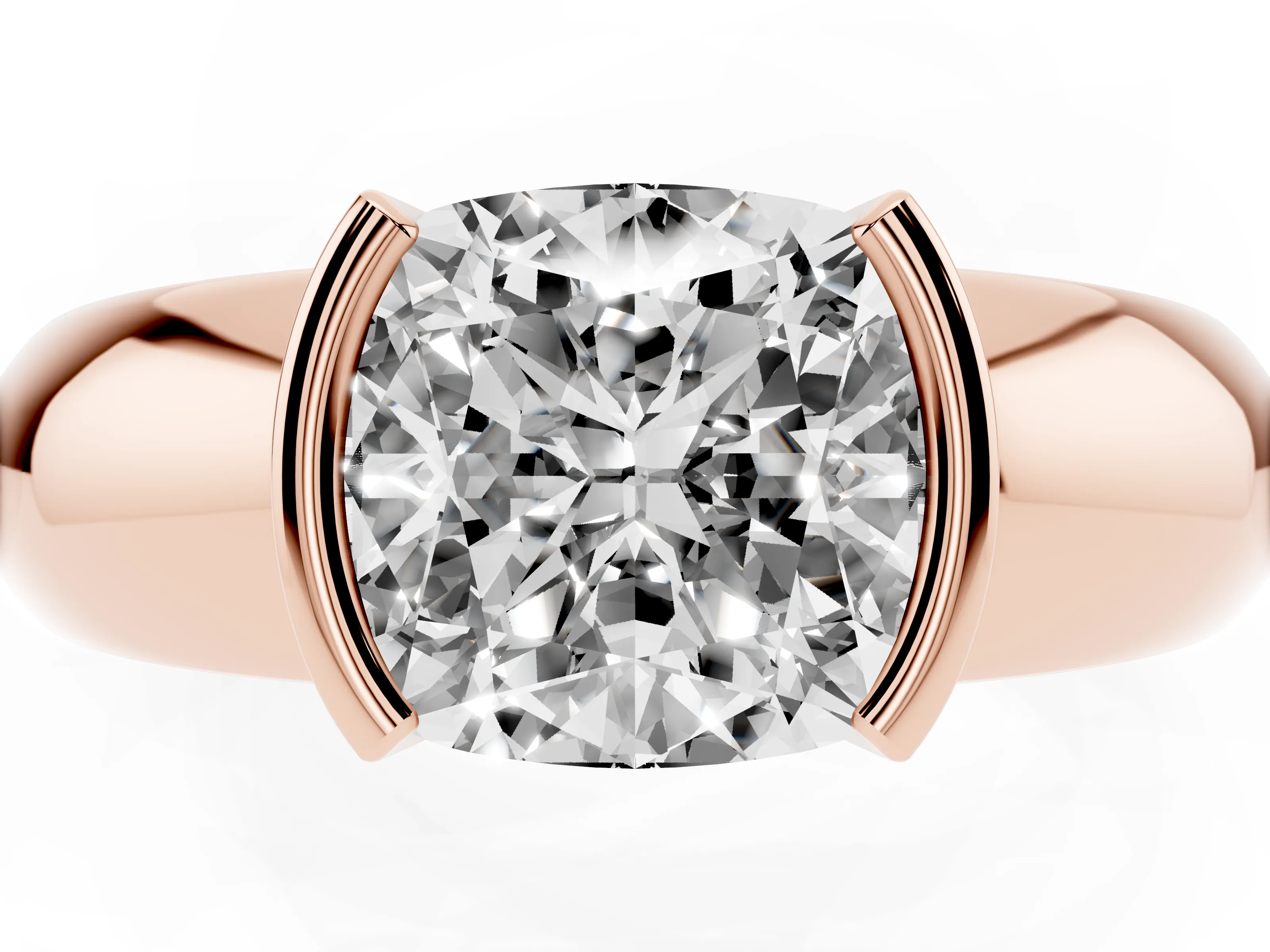 Cushion Cut Diamond Solitaire Tension Set Ring Set in Rose gold with Wide Band