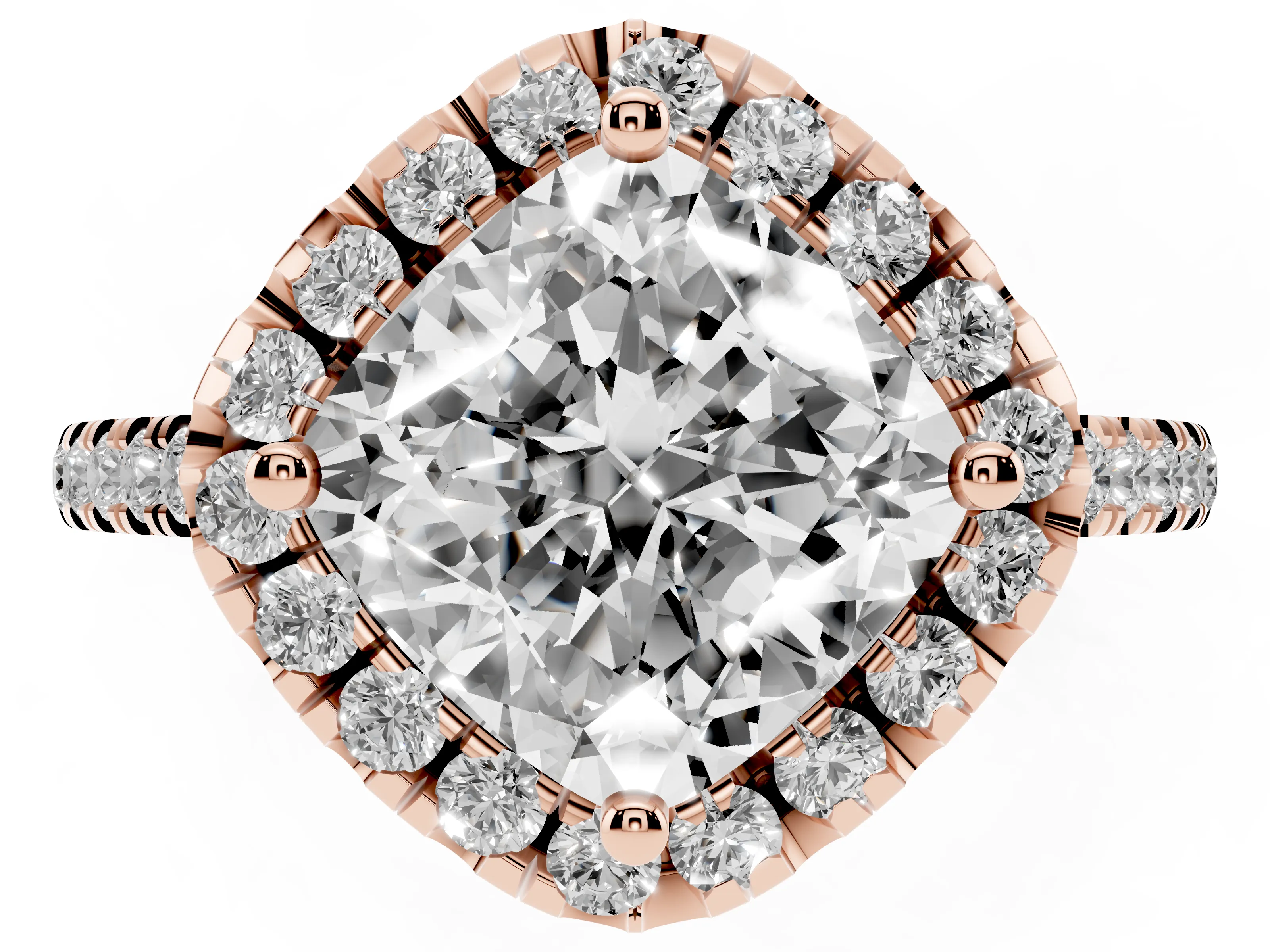Cushion Cut Diamond Cushion Halo Ring Set in Rose gold with Pavé Band