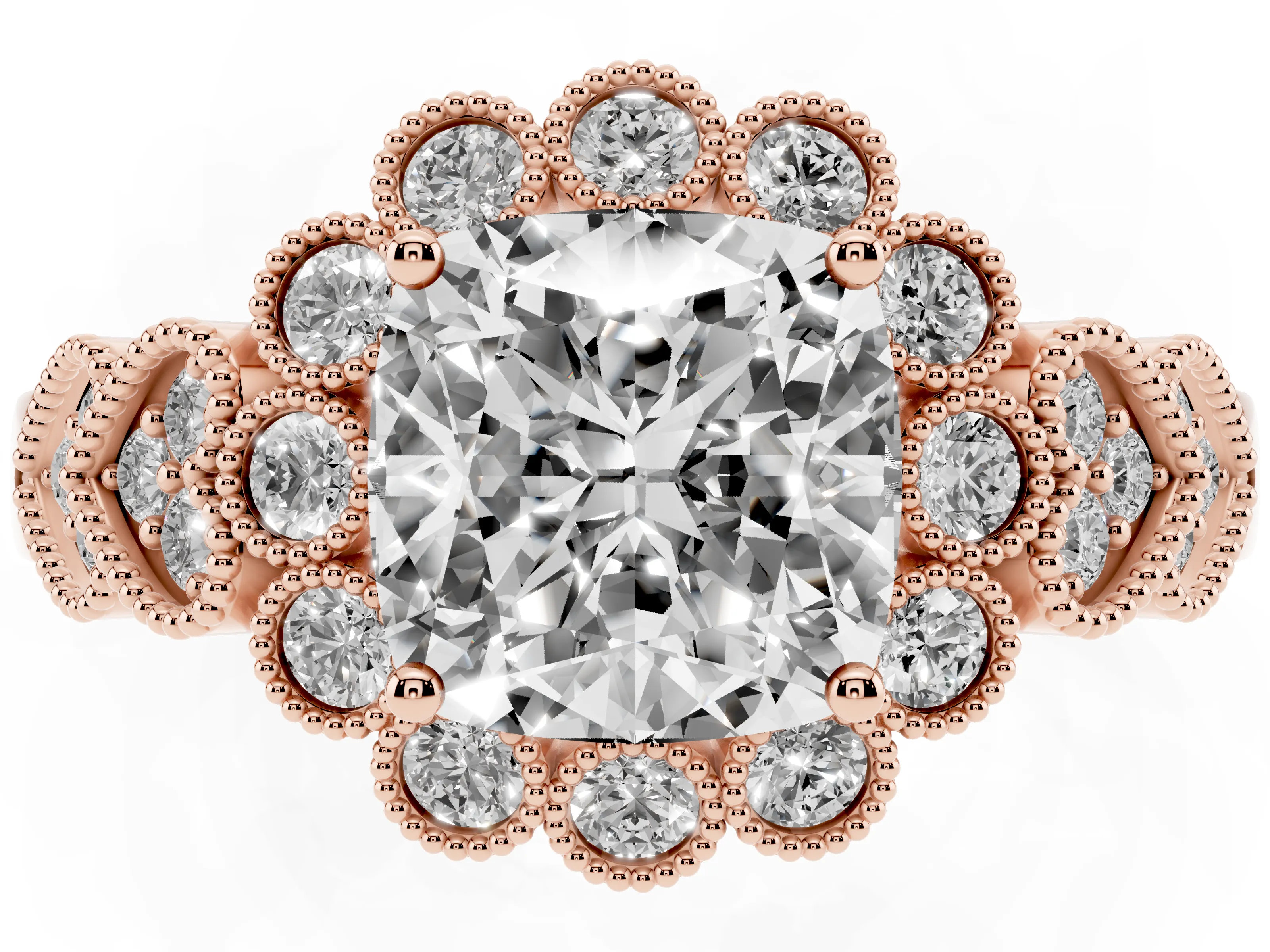Cushion Cut Diamond Solitaire Ring Set in Rose gold with Milgrain Pavé Heart Band