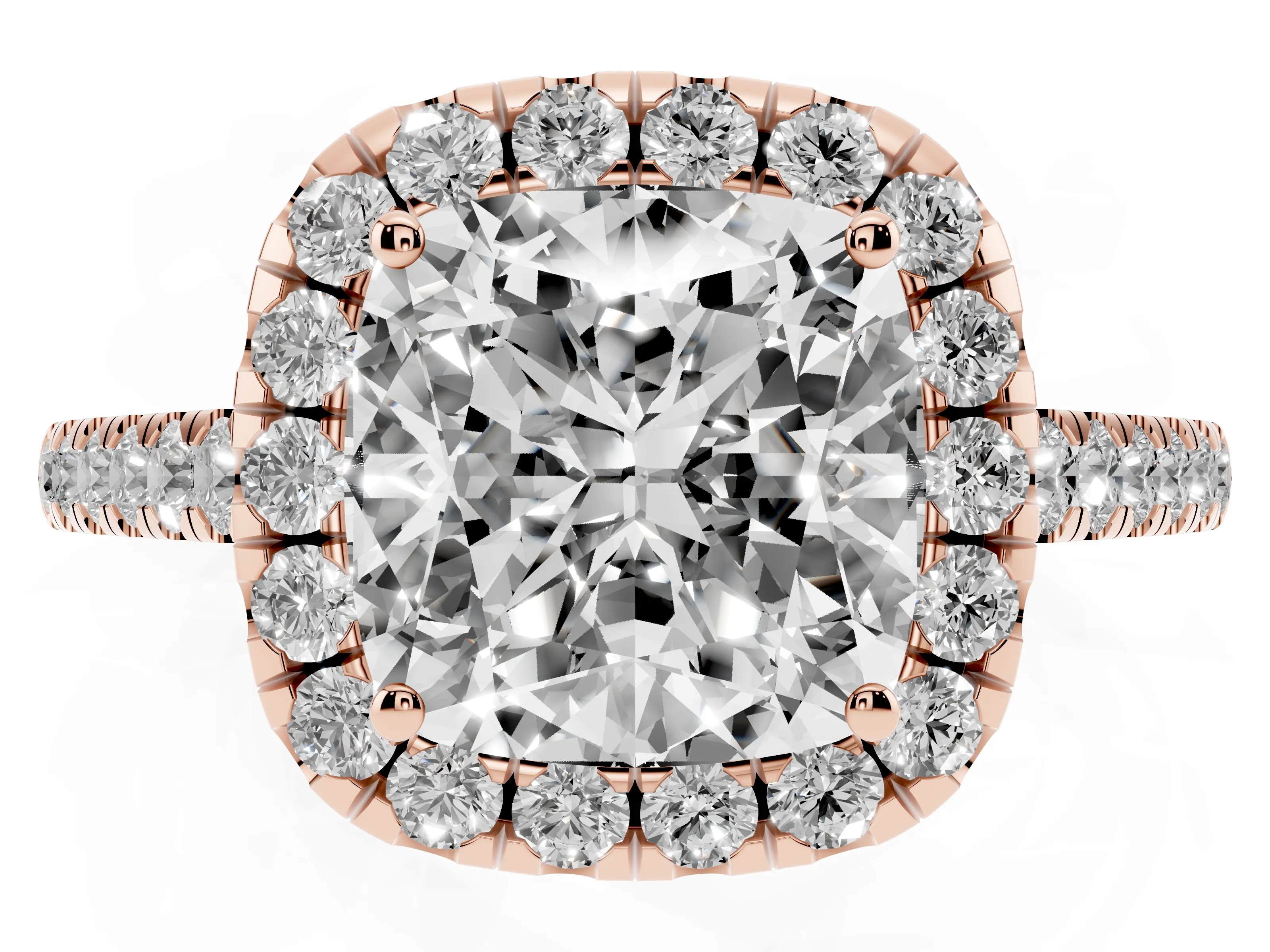 Cushion Cut Diamond Halo Pavé Engagement Ring Set in Rose gold with Prong Setting