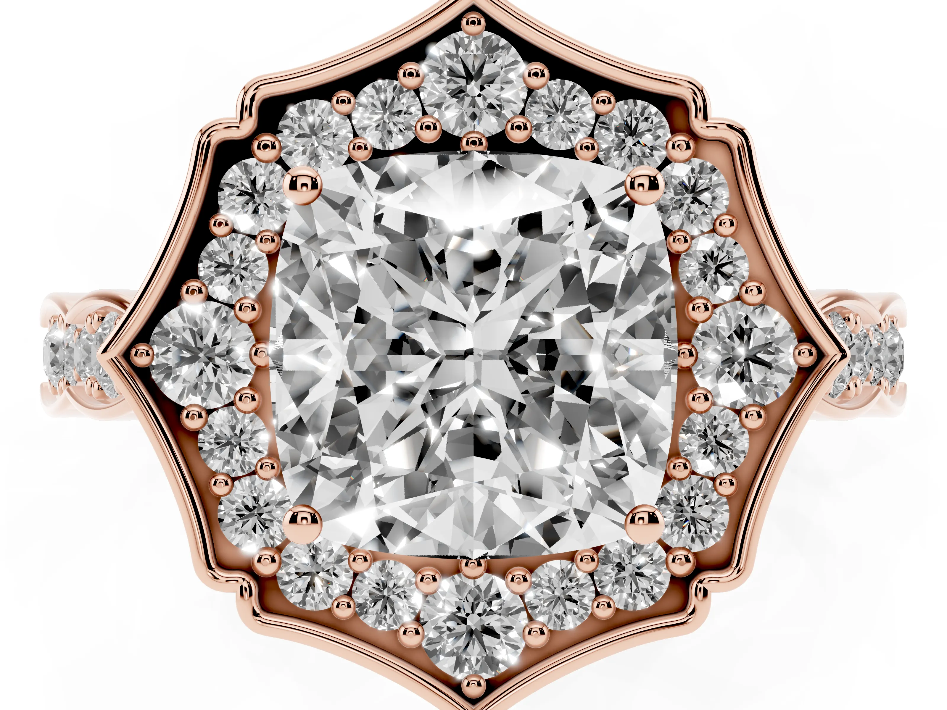 Cushion Cut Diamond Halo Engagement Ring Set in Rose gold with Milgrain Band and Prong Setting