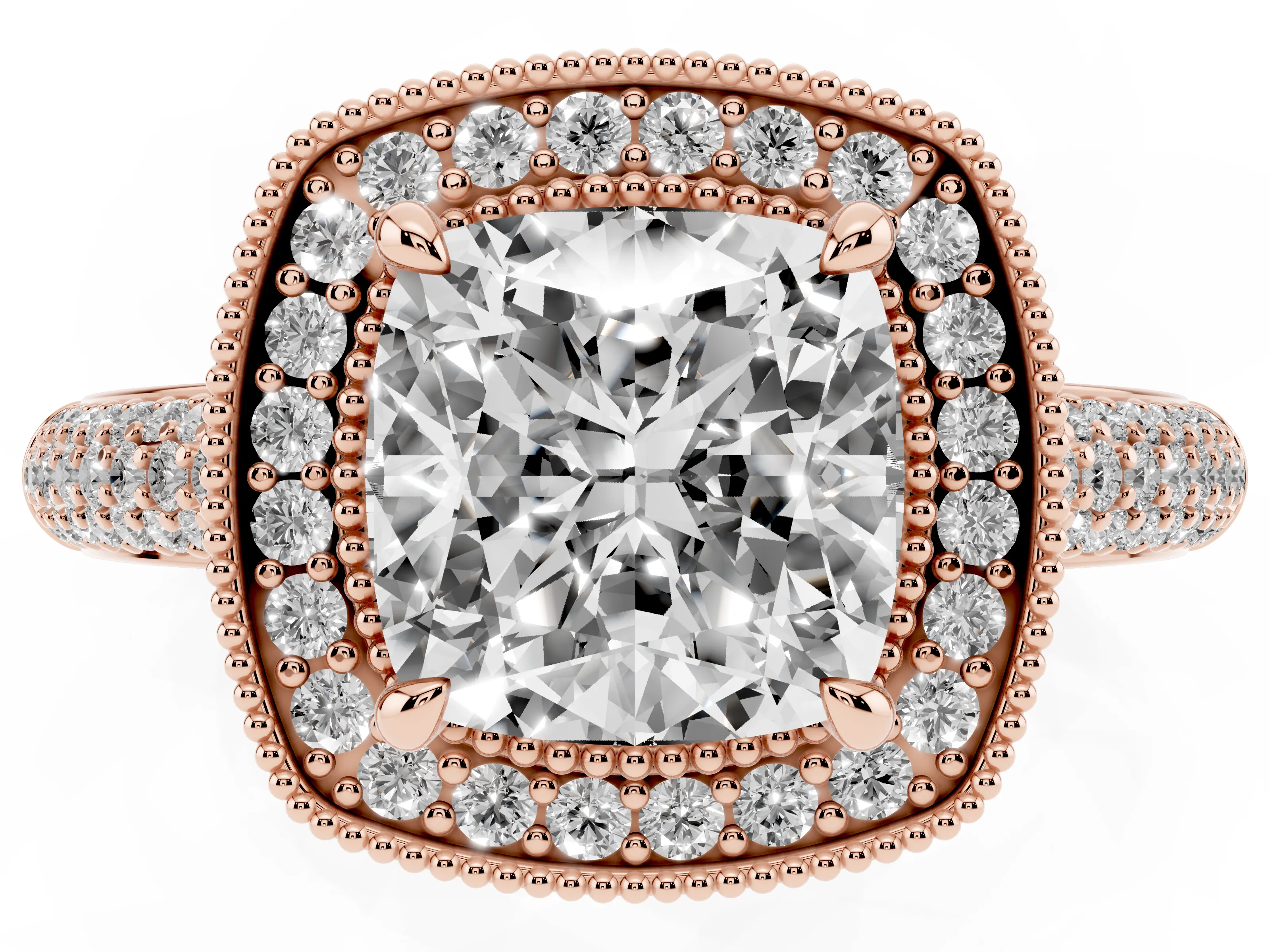 Cushion Cut Diamond Halo Pavé Band Set in Rose gold with Prong Setting