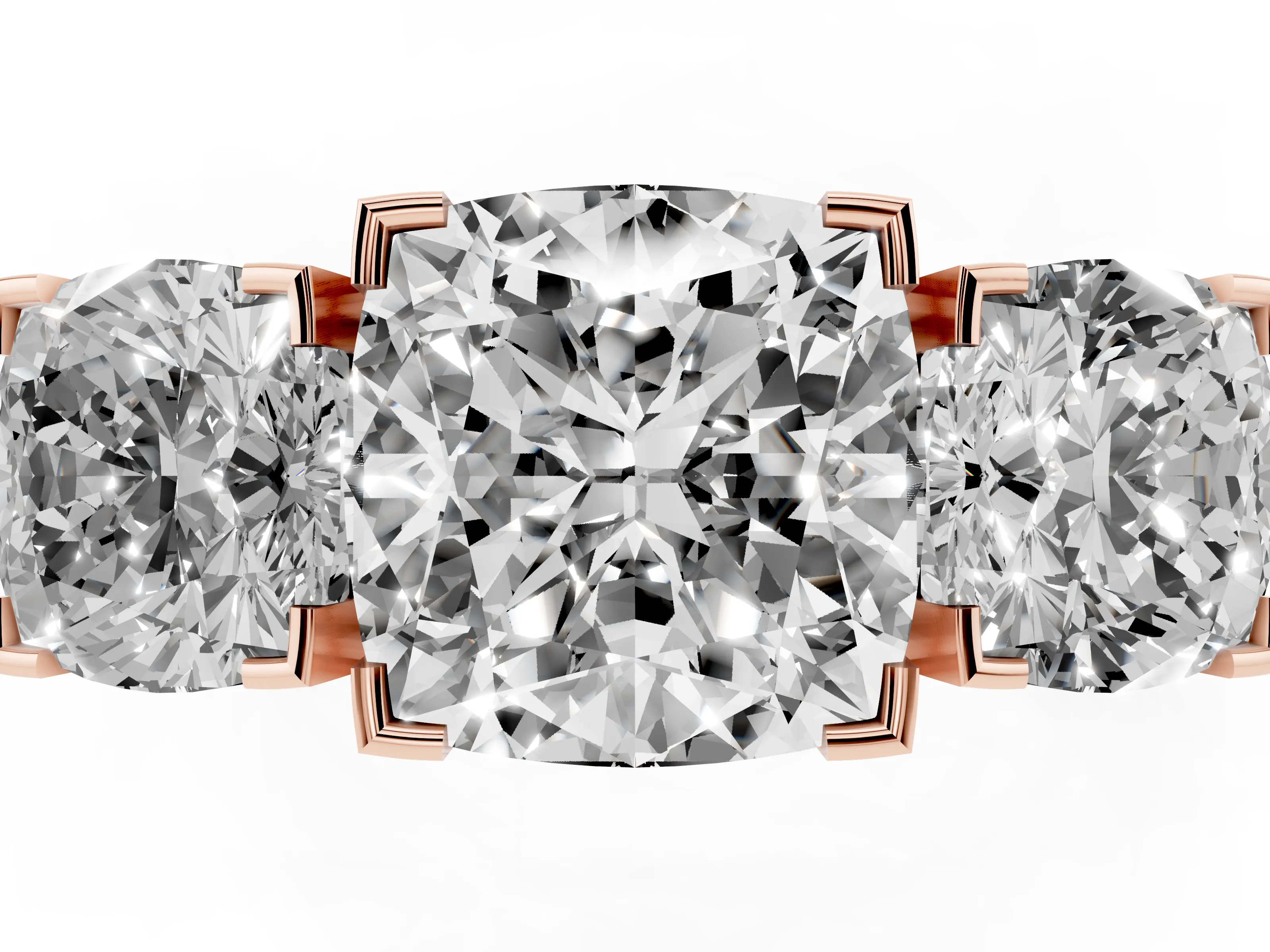 Cushion Cut Diamond Three-Stone Ring Set in Rose gold with Channel-Set Band and Prong Settings