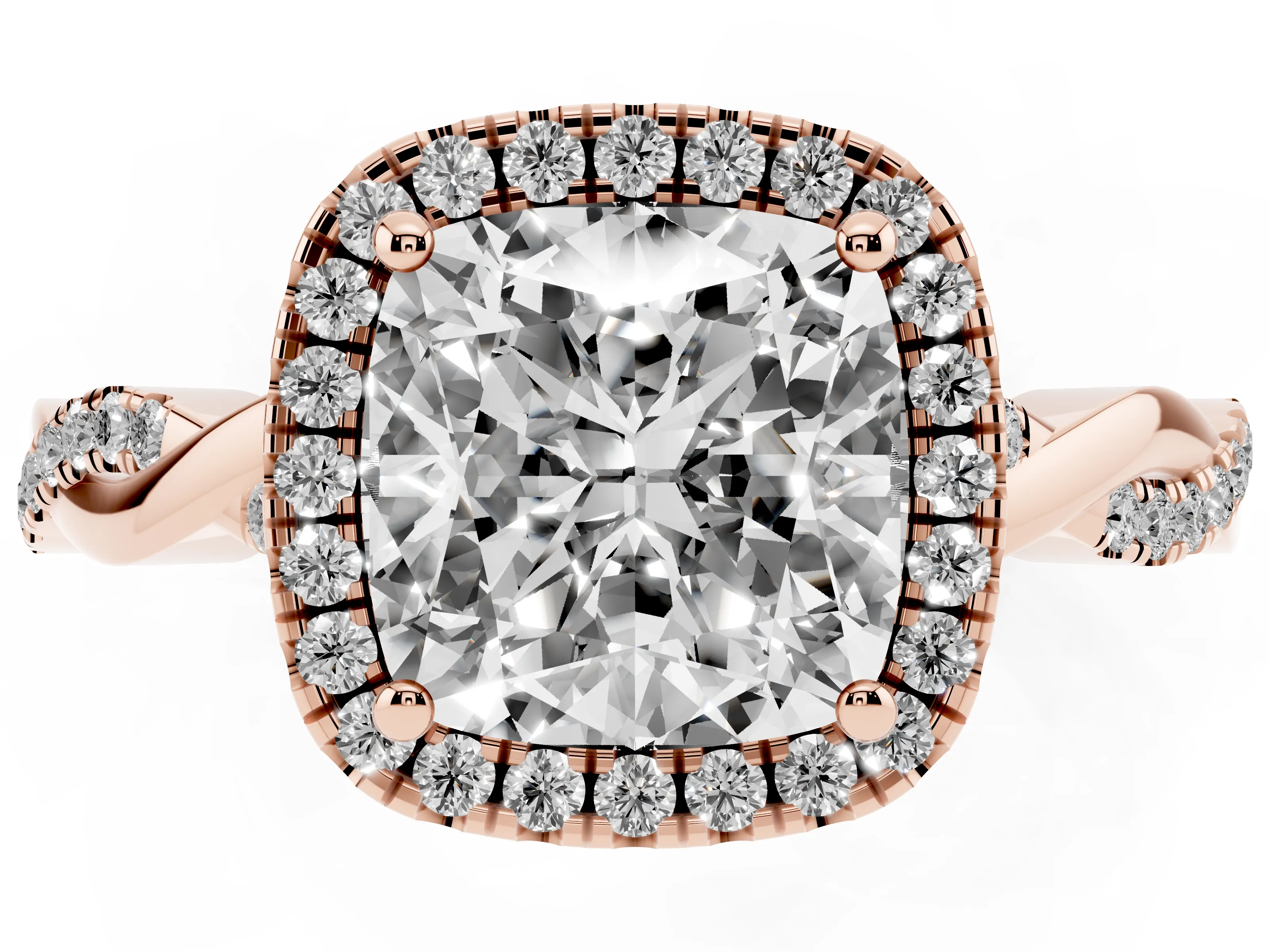 Cushion Cut Twisted Halo Engagement Ring Setting | Pavé and Plain Strands | Rose Gold