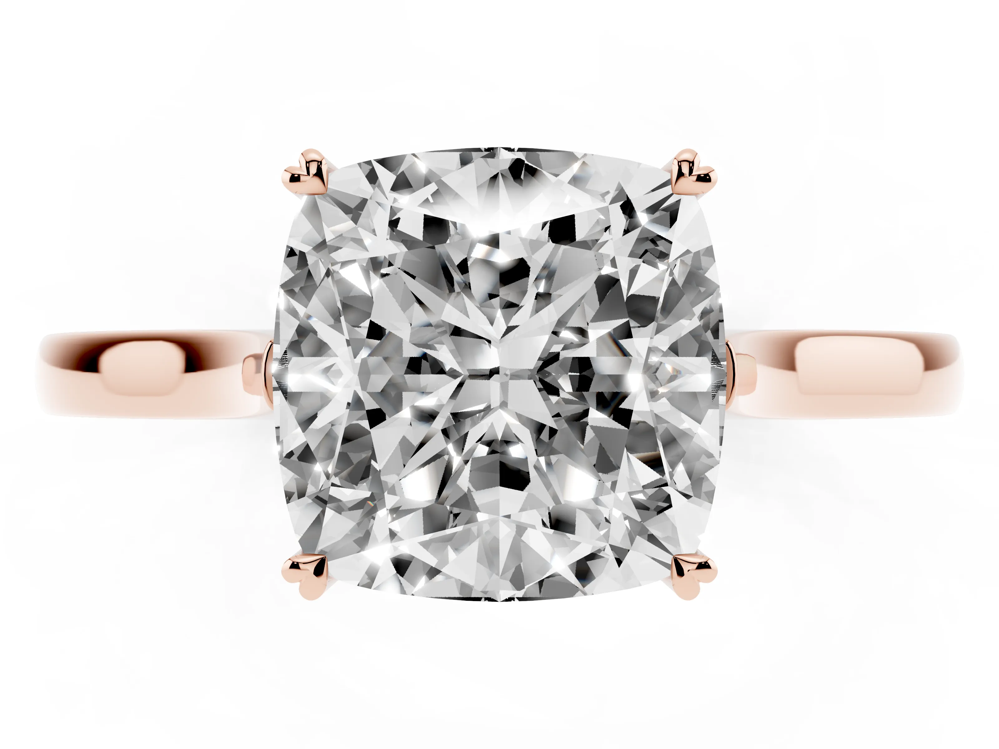 Cushion Cut Diamond Solitaire Heart Prong Engagement Ring Set in Rose gold with Tapered Band