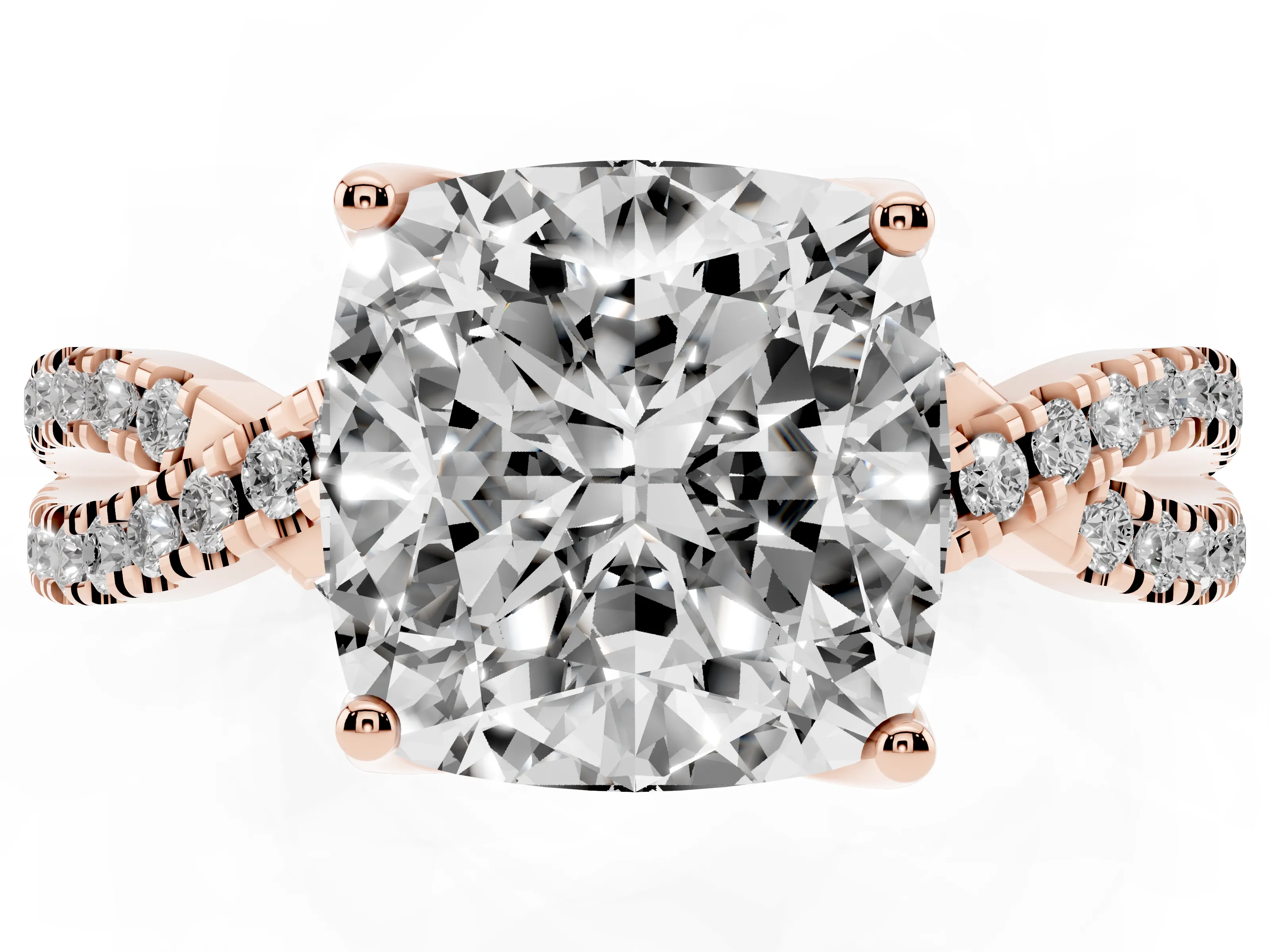 Cushion Cut Diamond Twist Pavé Solitaire Engagement Ring Set in Rose gold with Prong Setting