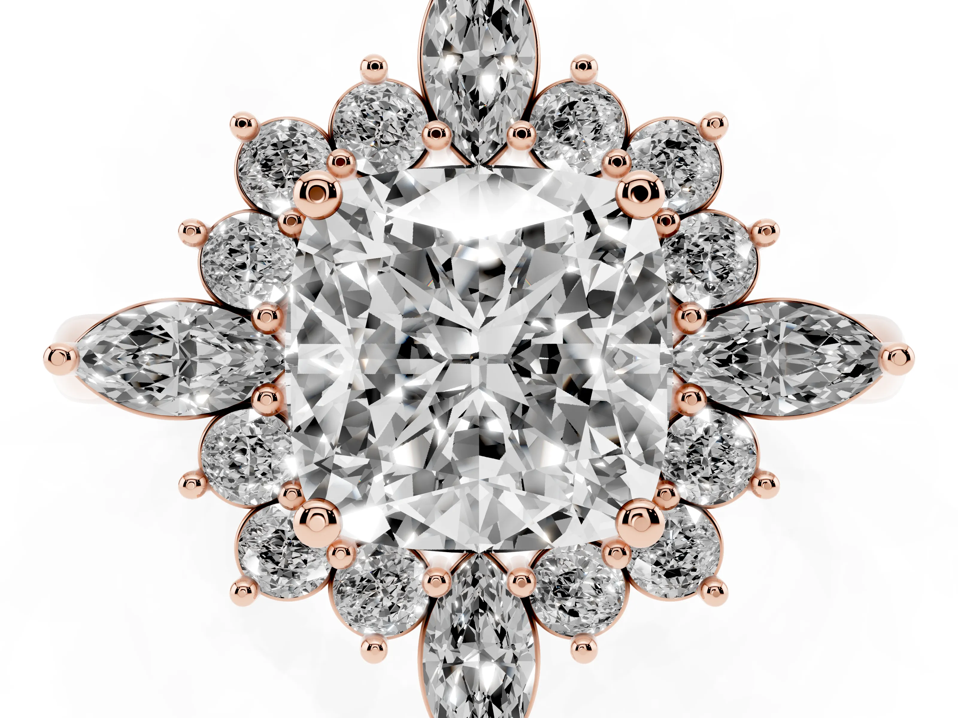Cushion Cut Diamond Cluster Halo Ring Set in Rose gold with Marquise and Round Accents