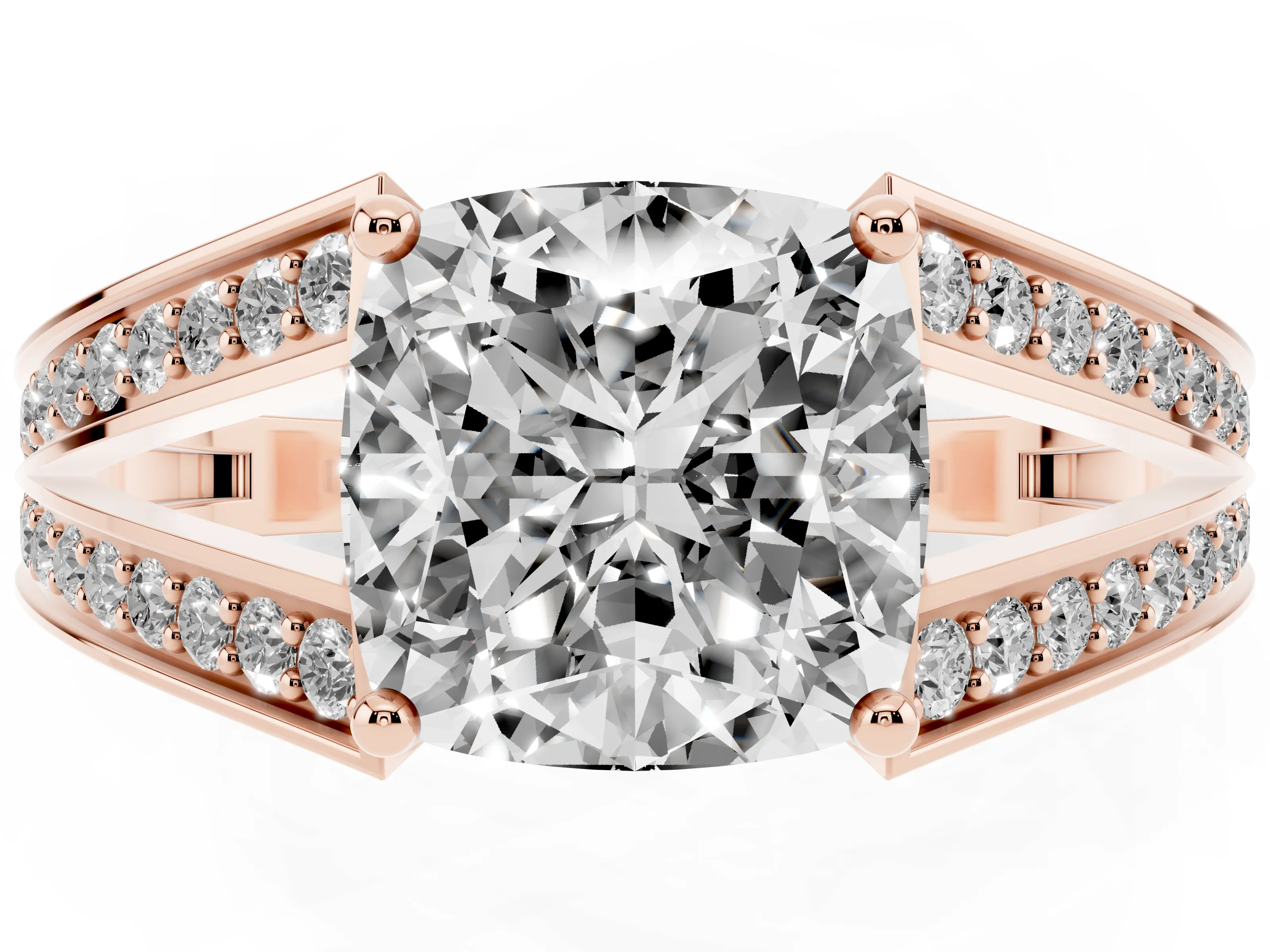 Cushion Cut Diamond Split Shank Ring Set in Rose gold with Pavé Band and Prong Setting