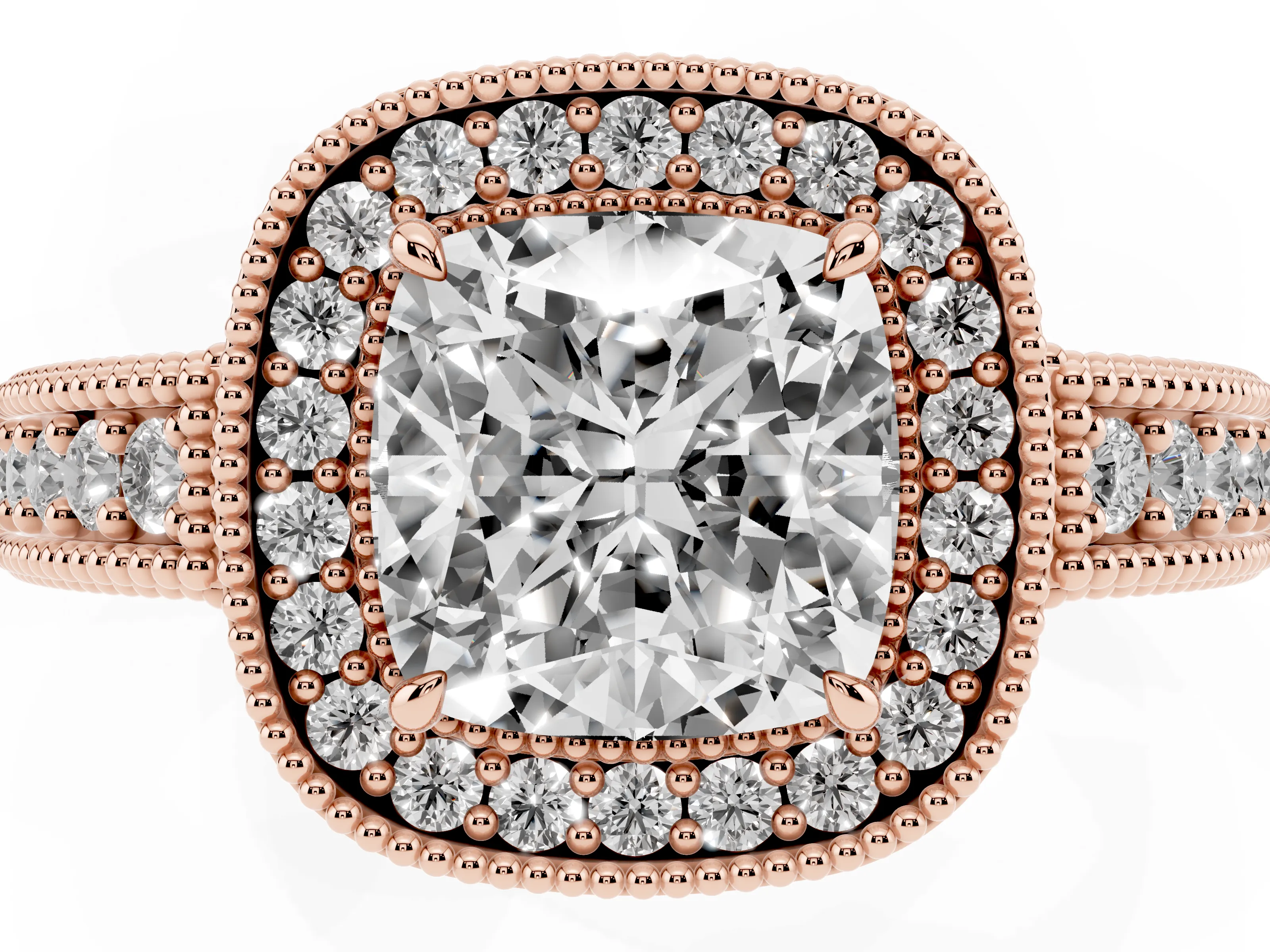 Cushion Cut Diamond Halo Ring Set in Rose gold with Round Accent Halo, Pavé Band and Prong Setting