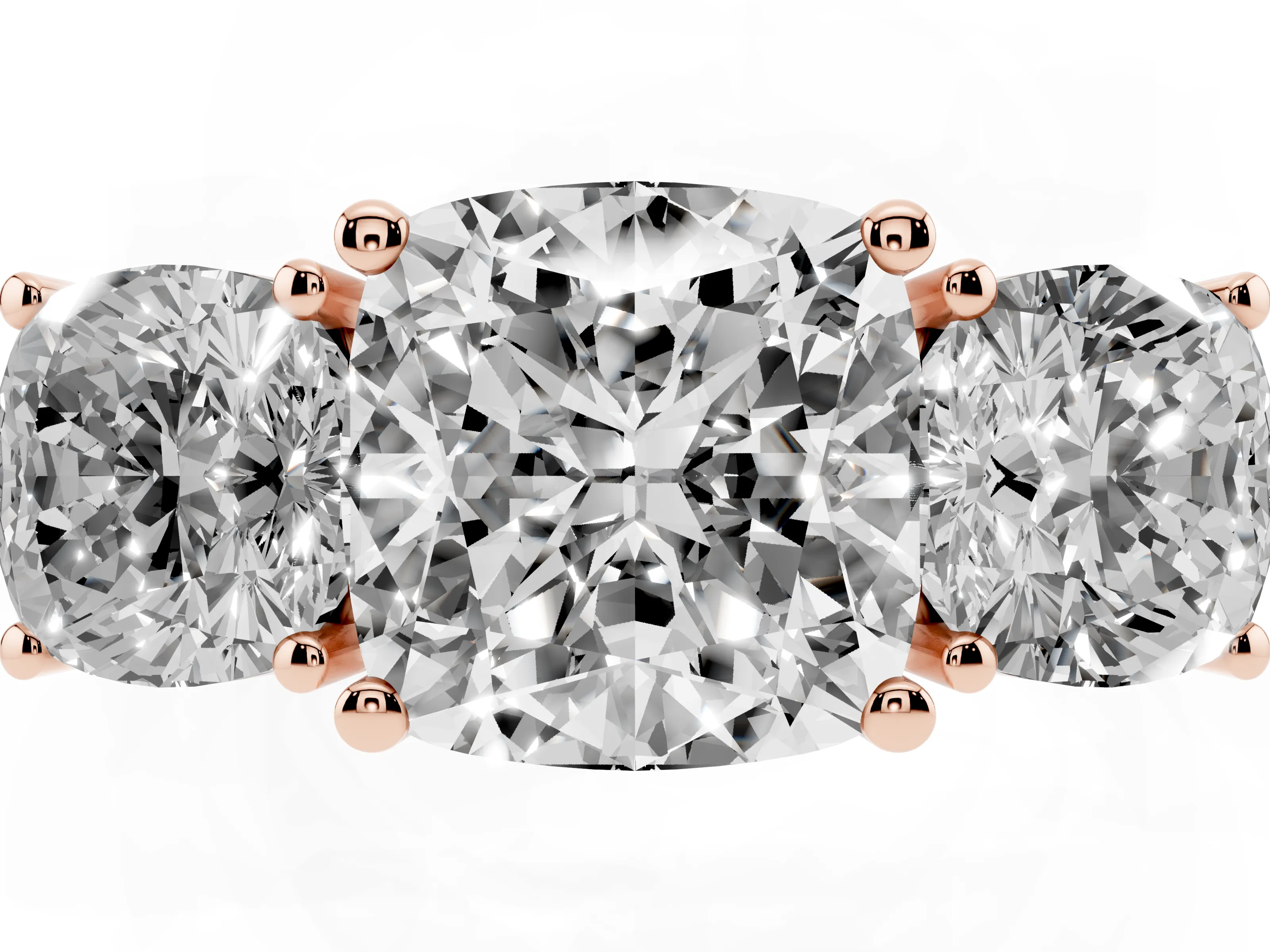 Cushion Cut Diamond Three-Stone Engagement Ring Set in Rose gold with Flat Band