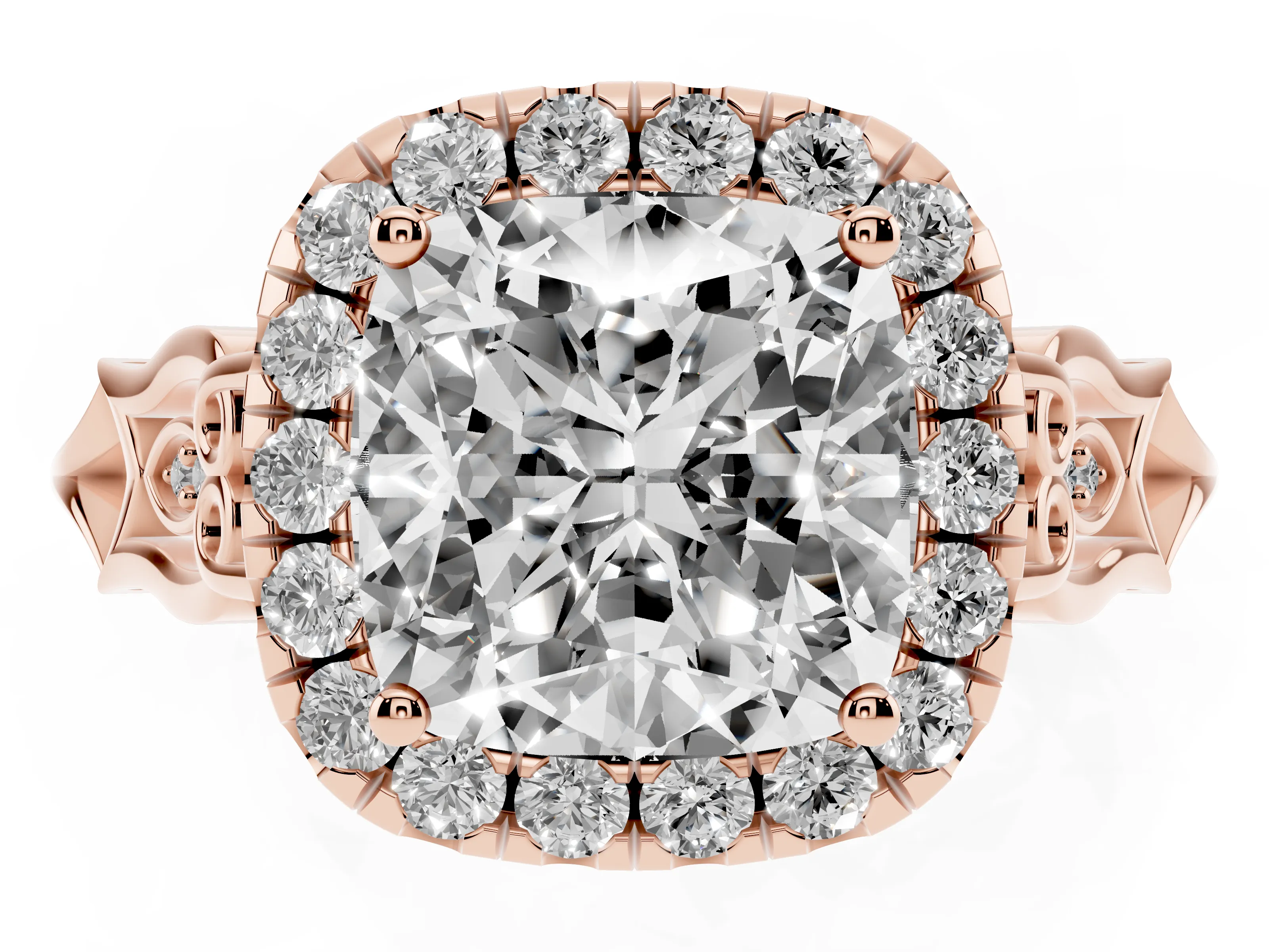 Cushion Cut Diamond Halo Engagement Ring Set in Rose gold with Filigree Band and Prong-Set Center