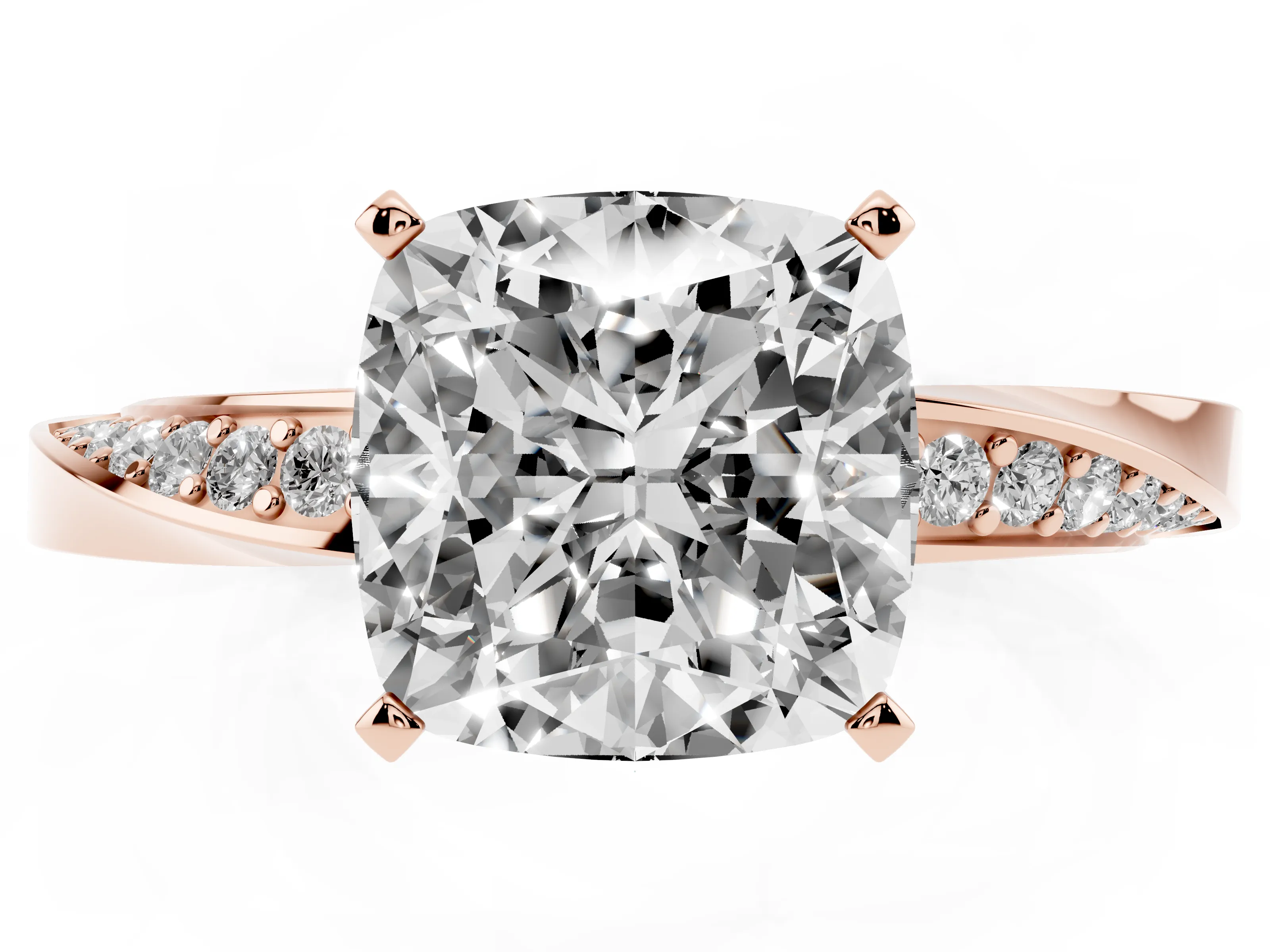 Cushion Cut Diamond Engagement Ring Set in Rose gold with Side Stone Accents and Prong Setting