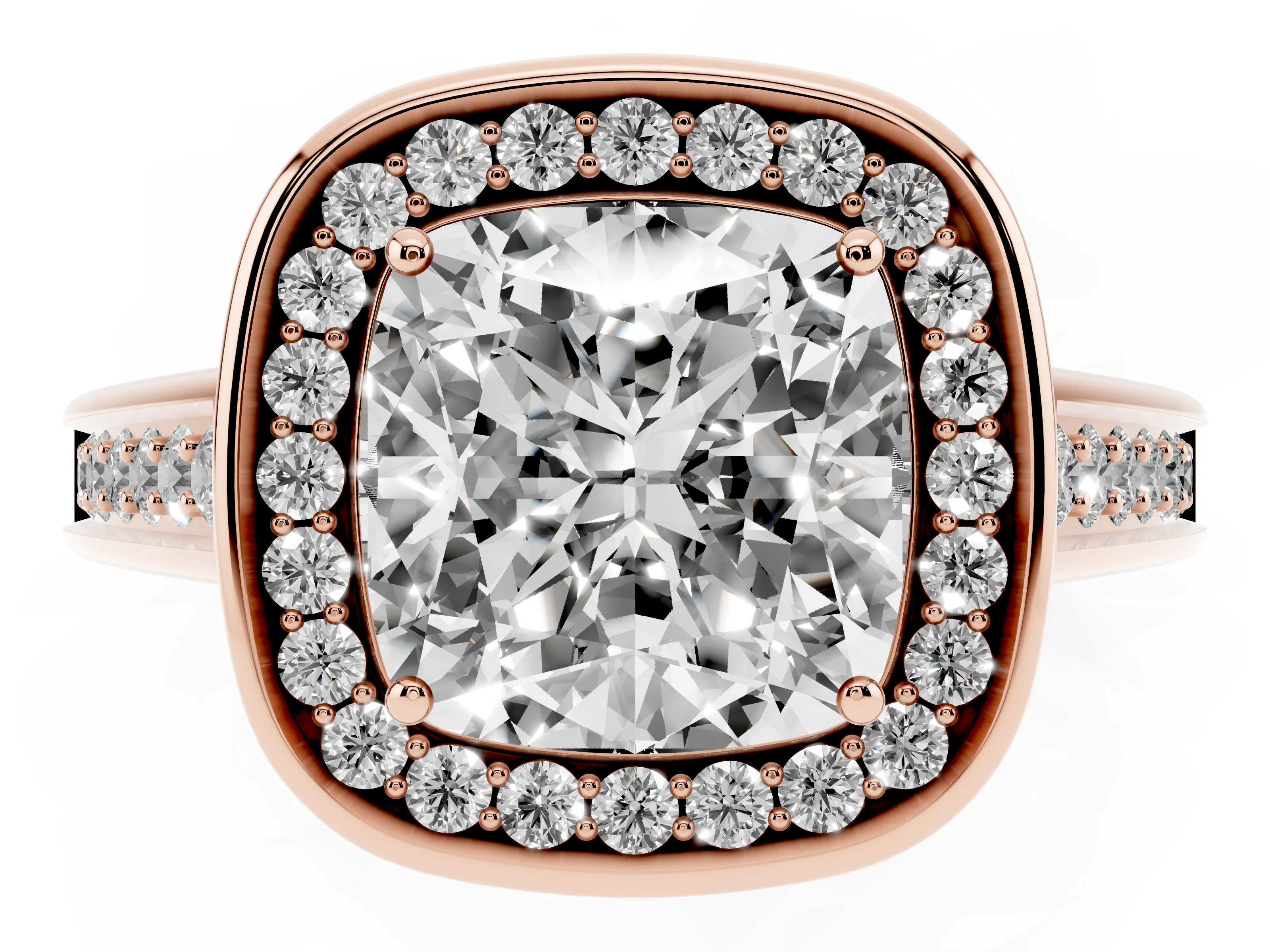 Cushion Cut Diamond Halo Solitaire Ring Set in Rose gold with Pavé Band and Bezel Setting
