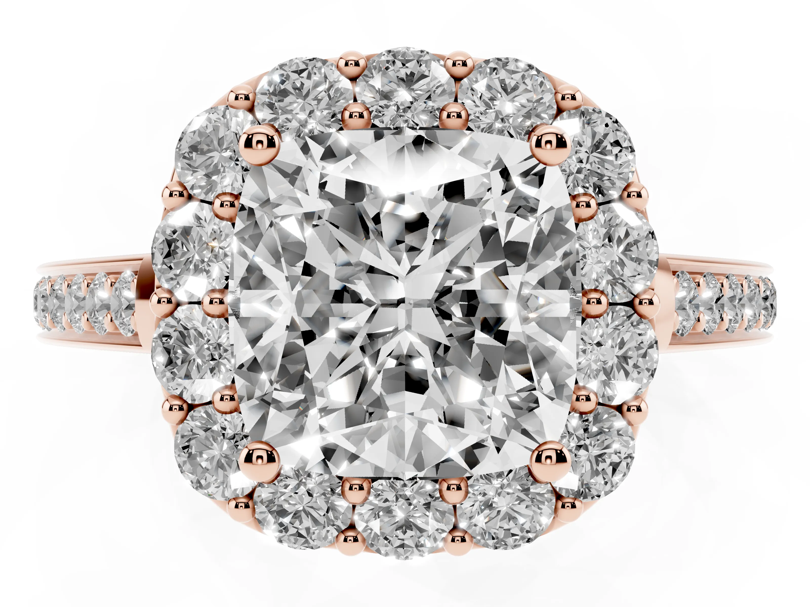 Cushion Cut Diamond Floral Halo Ring Set in Rose gold with Pavé Band and Prong Setting