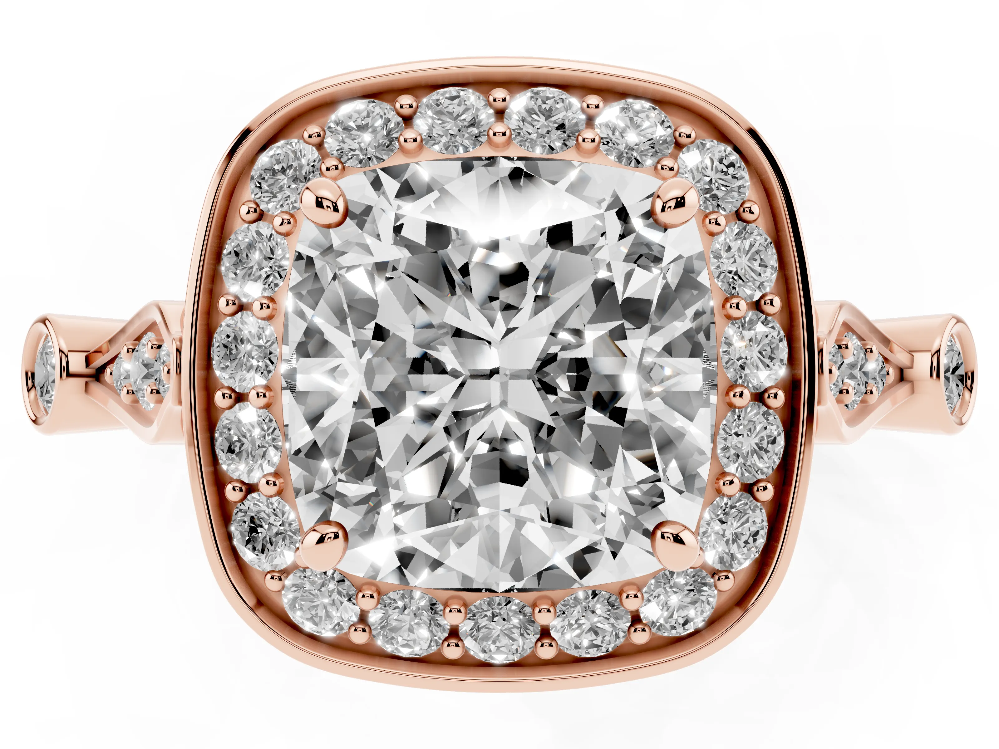 Cushion Cut Diamond Halo Engagement Ring Set in Rose gold with Twisted Band and Prong Setting