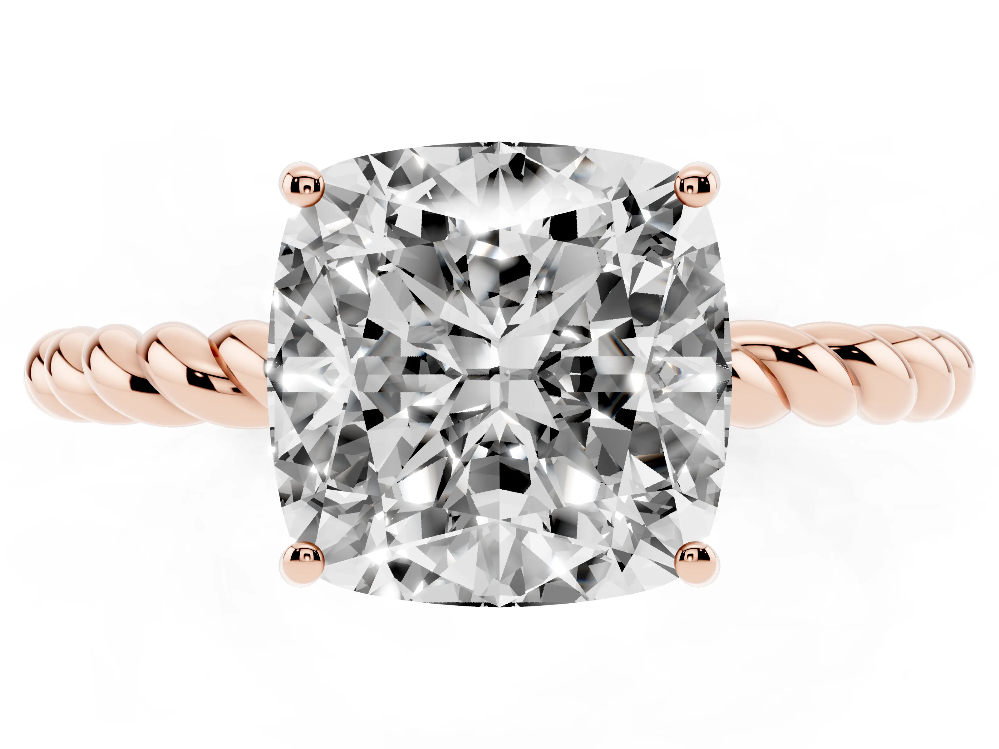 Cushion Cut Diamond Solitaire Ring Set in Rose gold with Twist Band and Prong Setting
