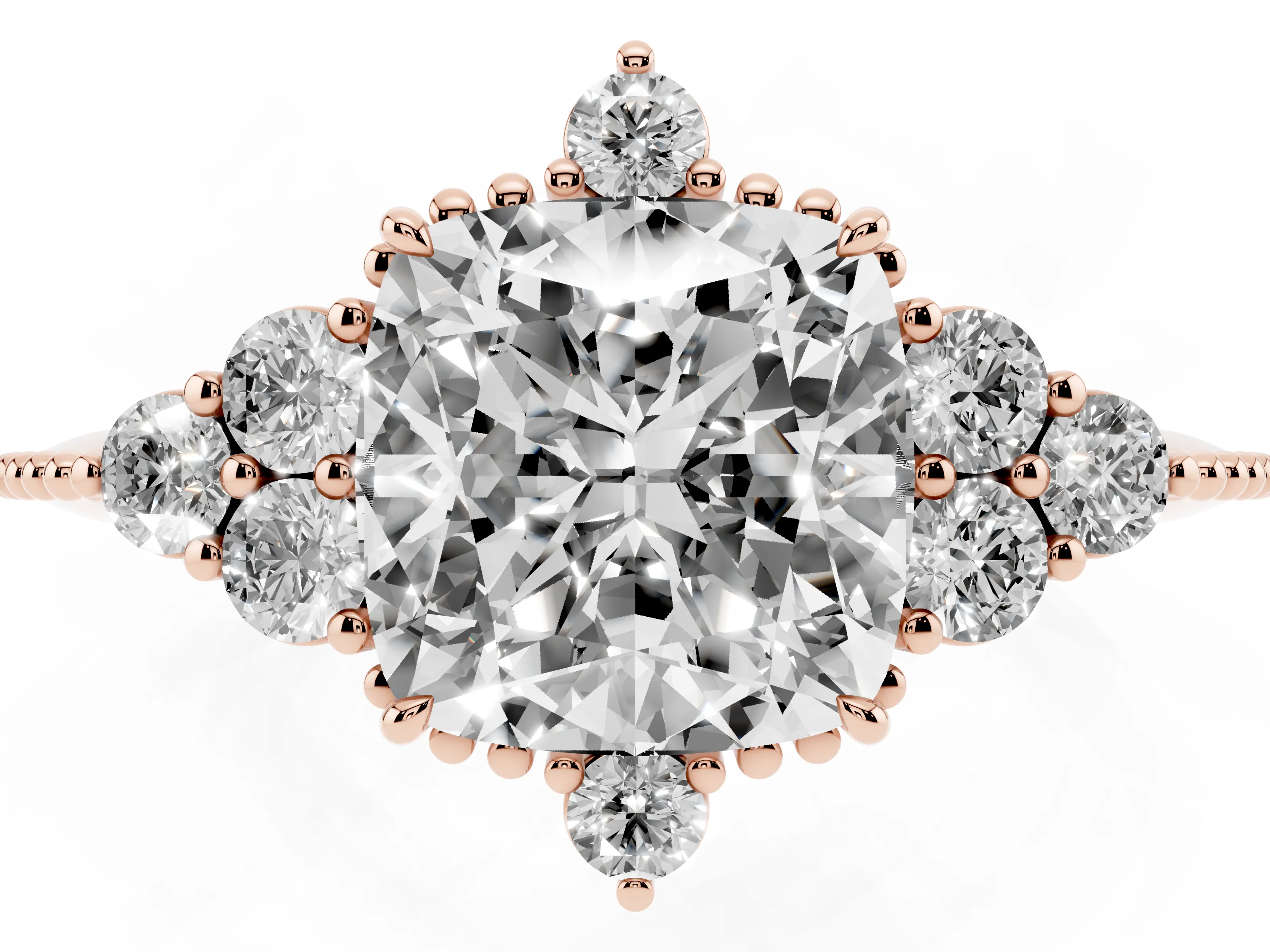 Cushion Cut Diamond Cluster Ring Set in Rose gold with Beaded Band
