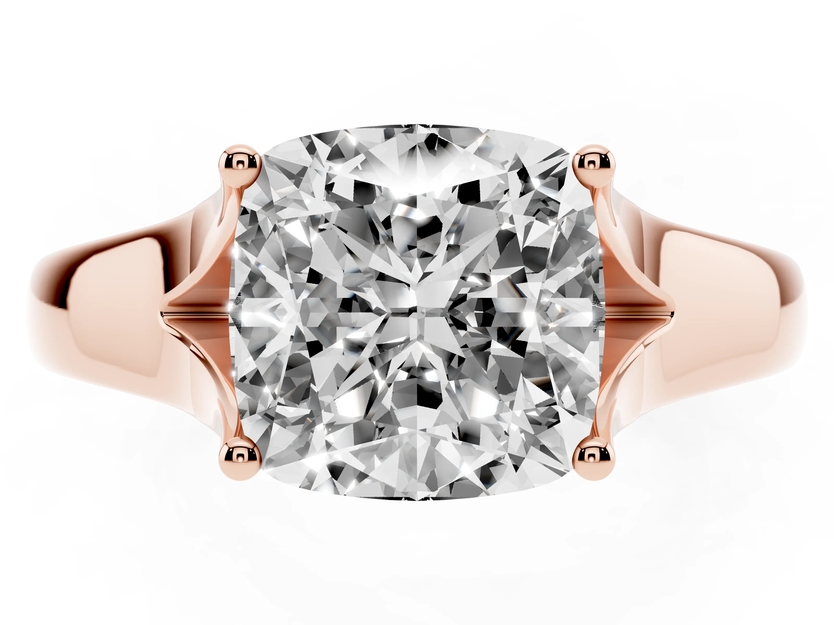Cushion Cut Diamond Solitaire Ring Set in Rose gold with Arched Cathedral Band and Prong Setting