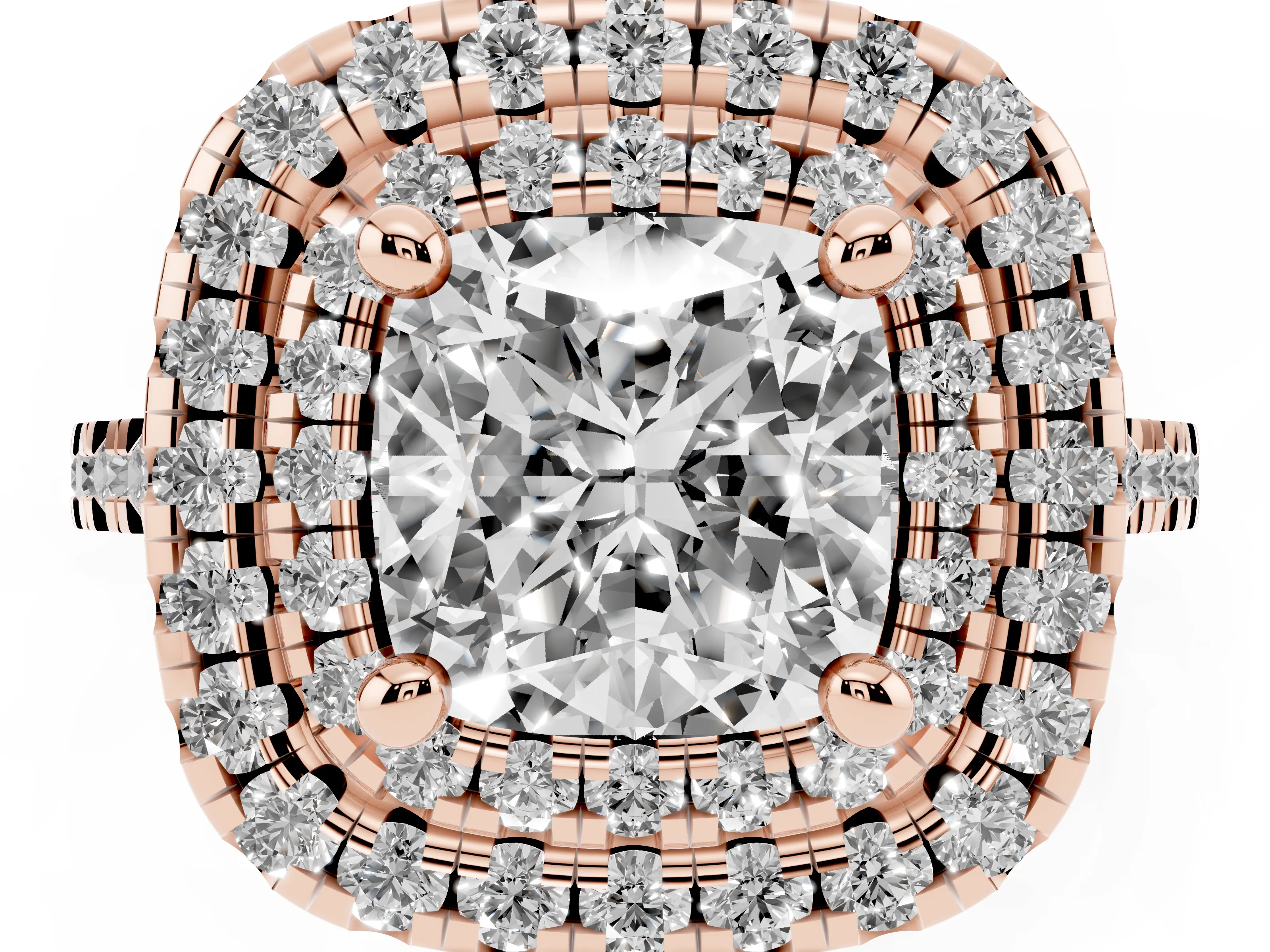 Cushion Cut Diamond Double Halo Statement Ring Set in Rose gold with Pavé Band