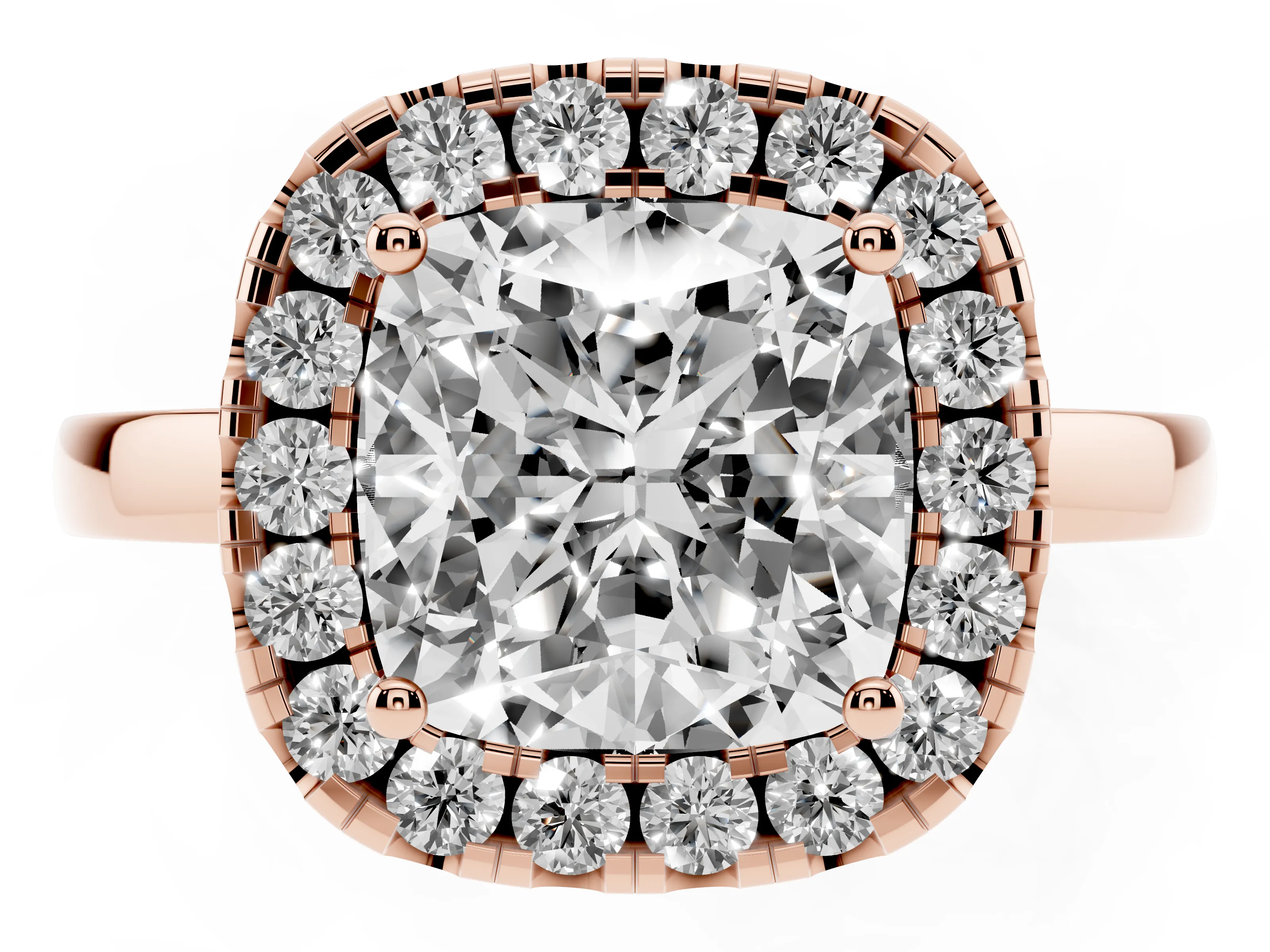 Cushion Cut Diamond Halo Solitaire Ring Set in Rose gold with Pavé Band and Prong Setting