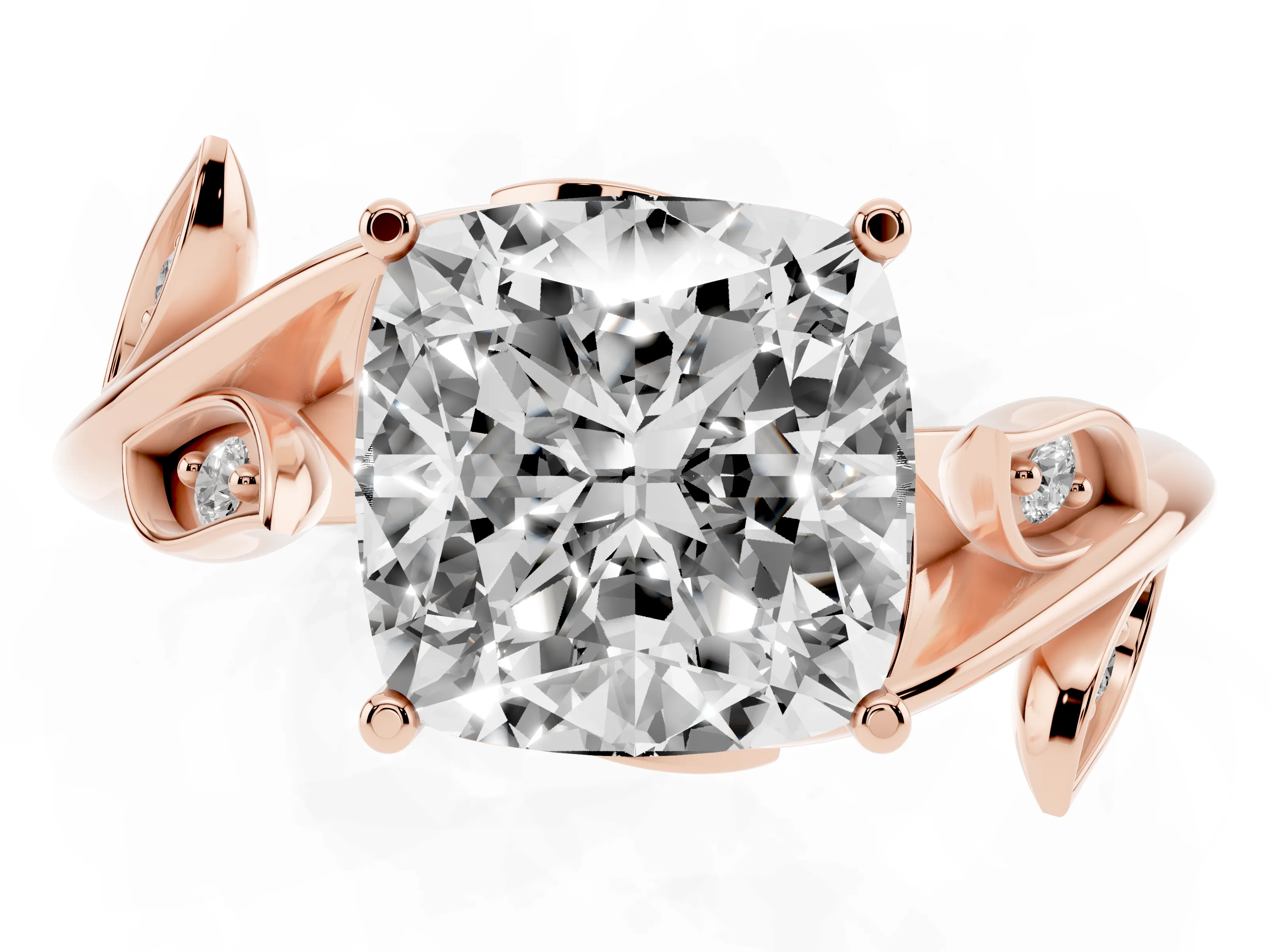 Cushion Cut Diamond Solitaire Twist Engagement Ring Set in Rose gold with Pavé Leaf Accents