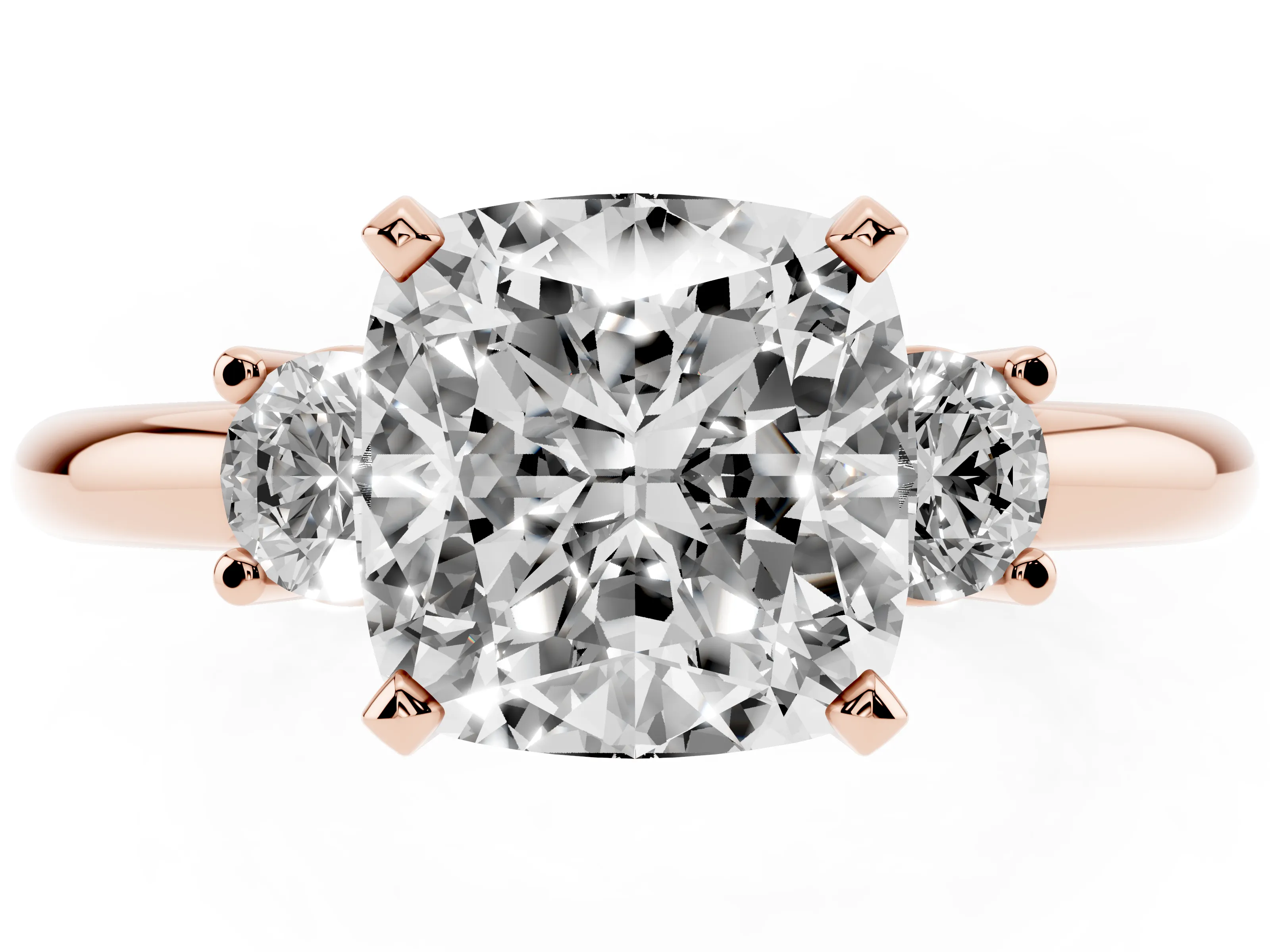 Three-Stone Cushion Cut Diamond Ring Set in Rose gold with Prong Setting and Plain Band