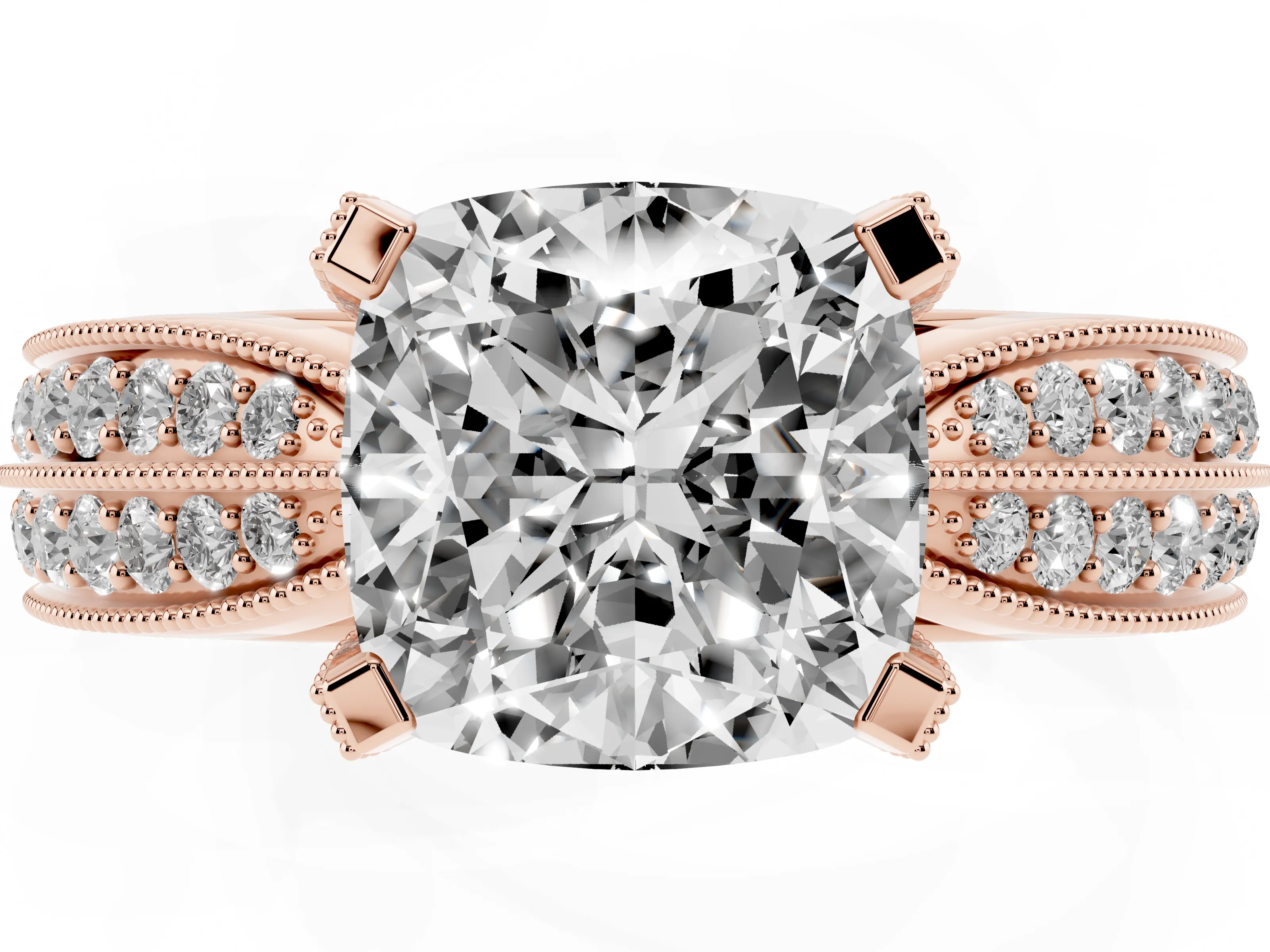 Cushion Cut Diamond Solitaire Ring Set in Rose gold with Milgrain Double Row Round Pavé Band