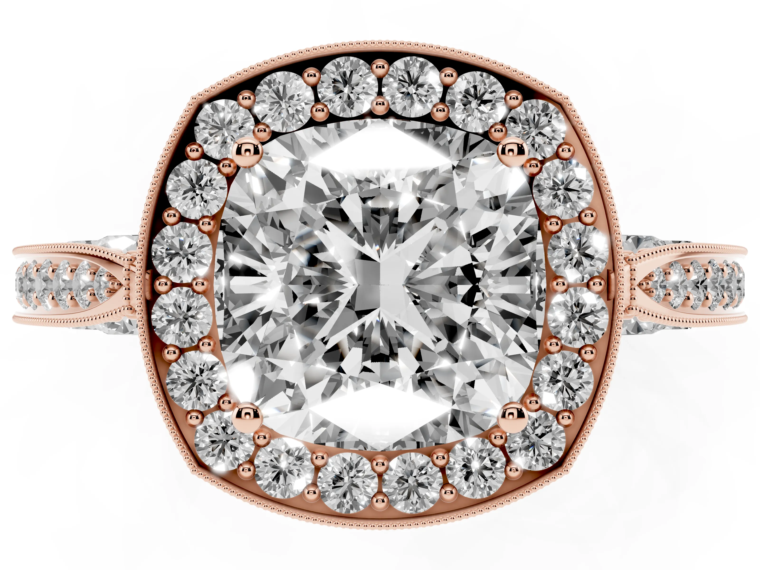 Cushion Cut Diamond Halo Engagement Ring Set in Rose gold with Accent Split Shank Band
