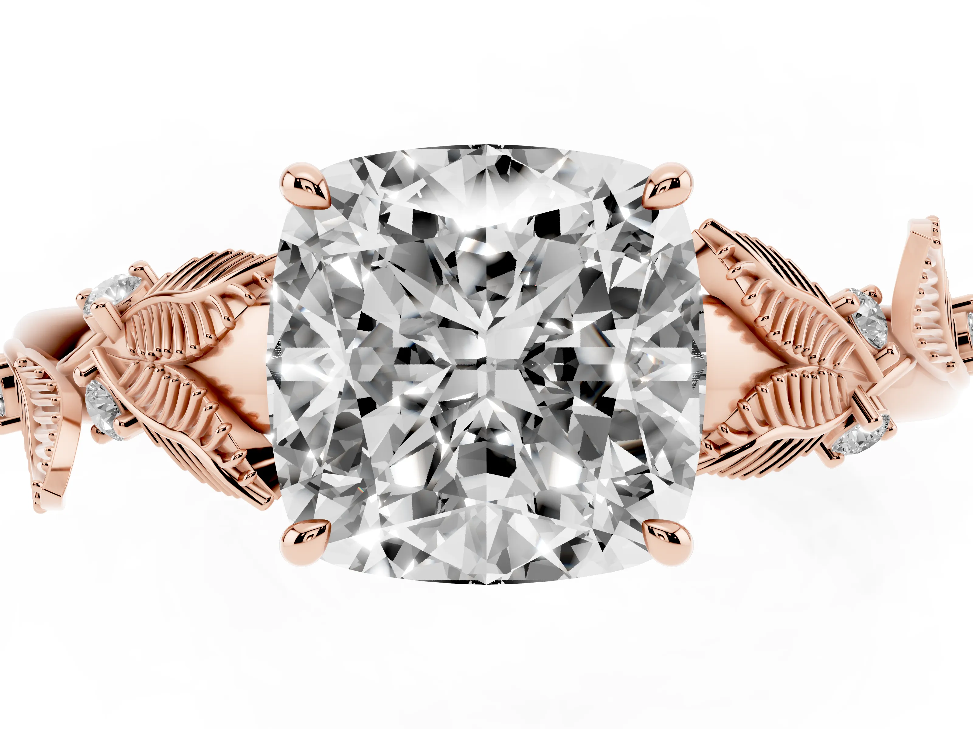 Cushion Cut Diamond Solitaire Ring Set in Rose gold with Leaf Motif Band