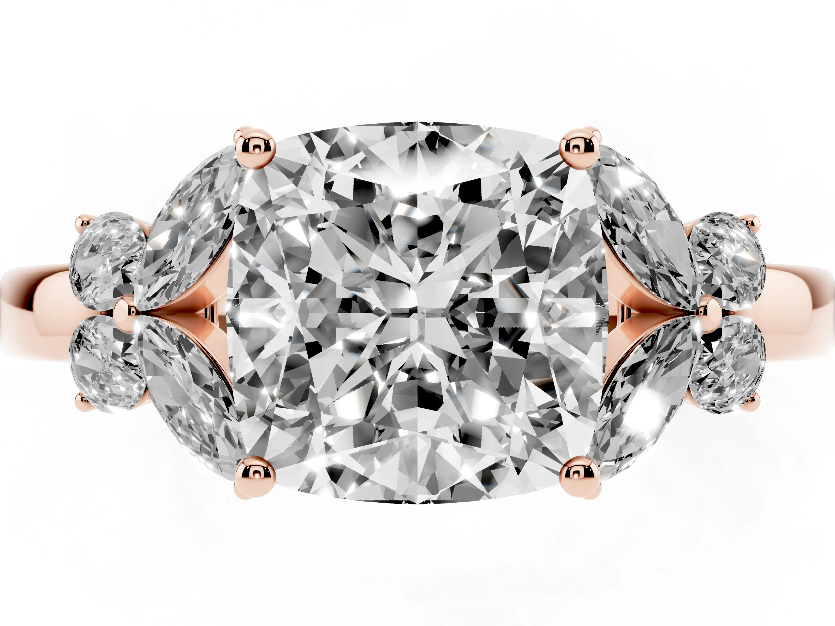 Cushion Cut Diamond Solitaire Floral Ring Set in Rose gold with Marquise Petals and Prong Setting