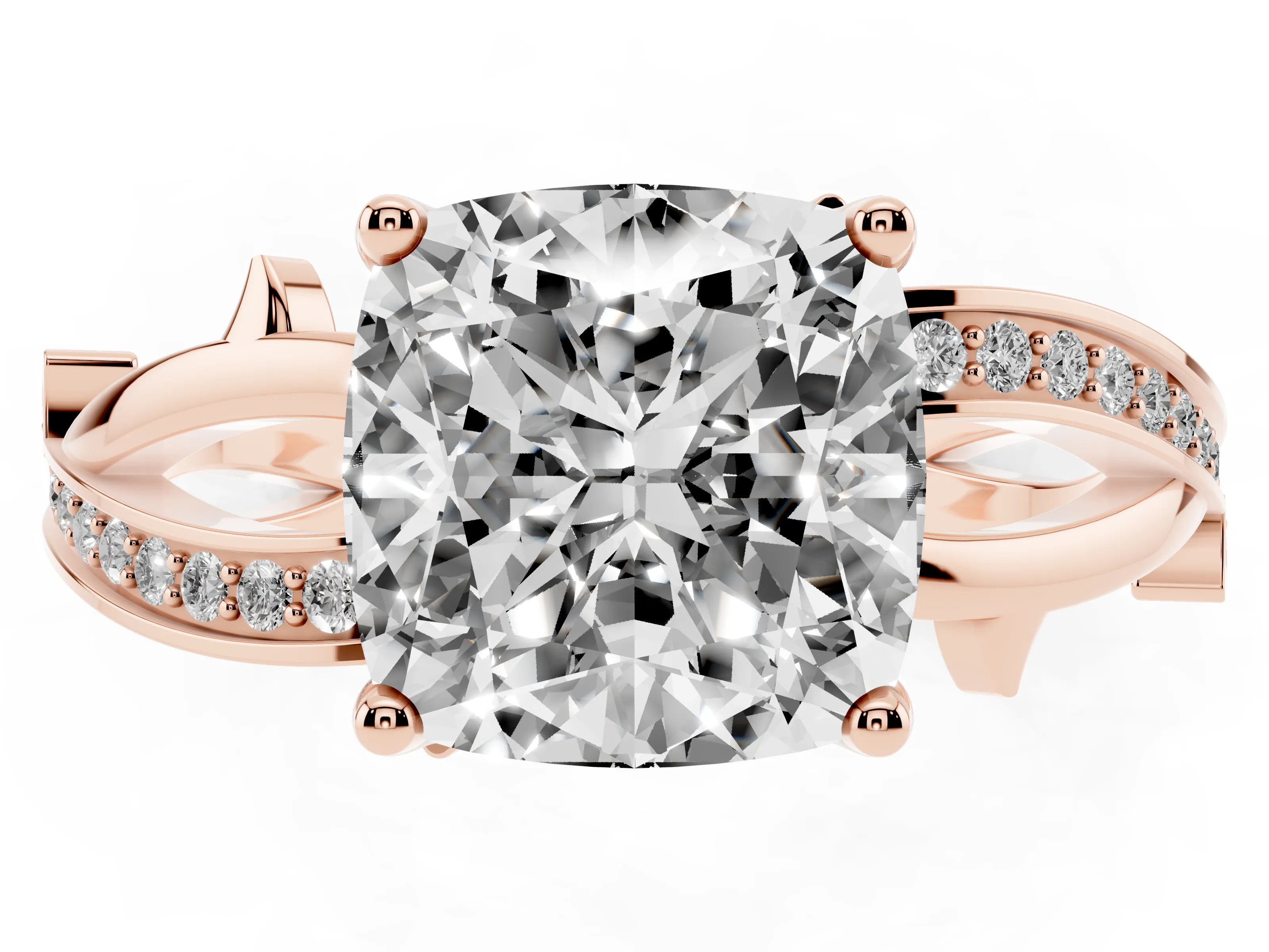 Cushion Cut Diamond Pavé Twist Band Solitaire Ring Set in Rose gold with Prong Setting
