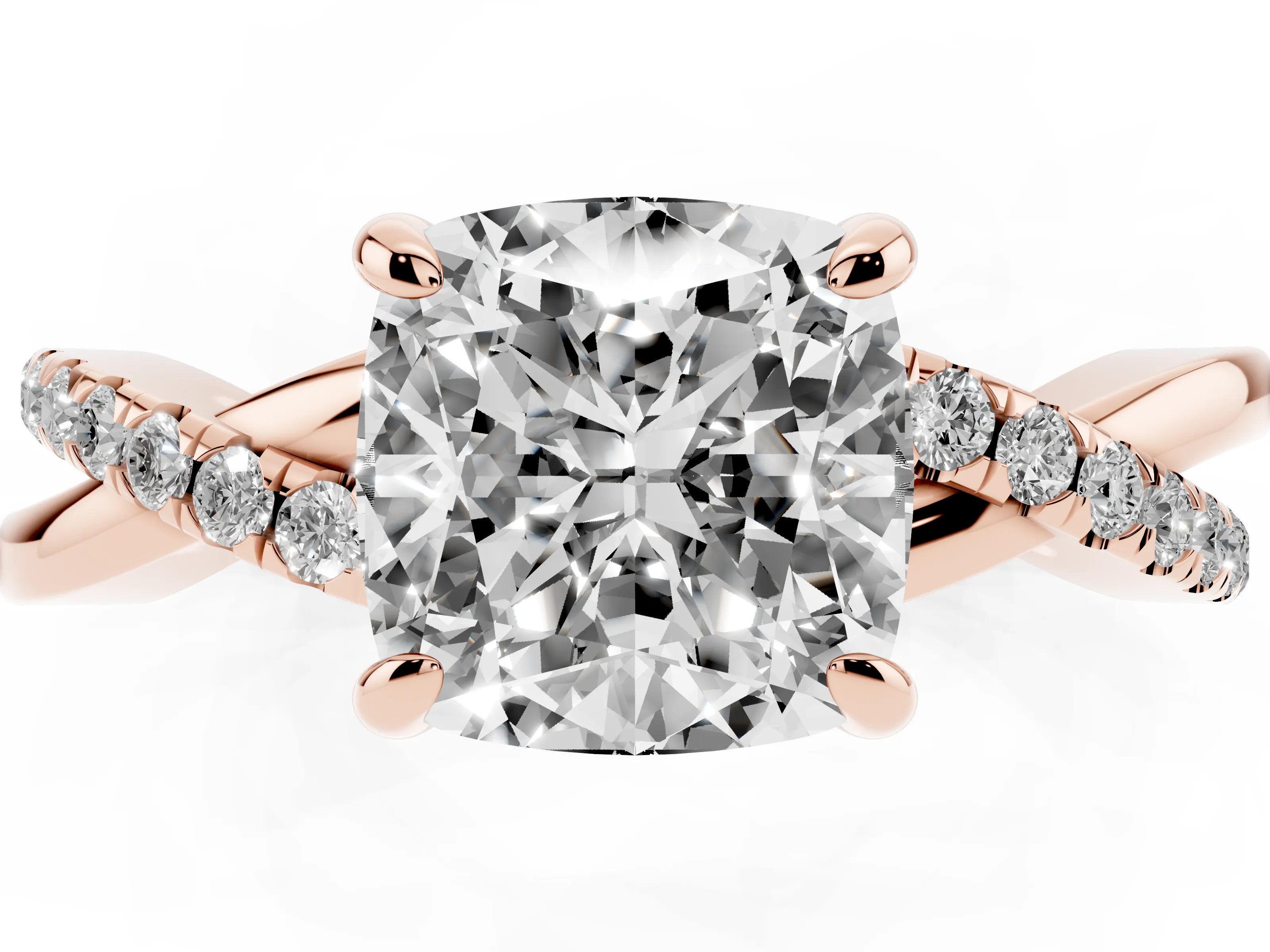 Cushion Cut Diamond Twist Band Pavé Solitaire Ring Set in Rose gold with Prong Setting