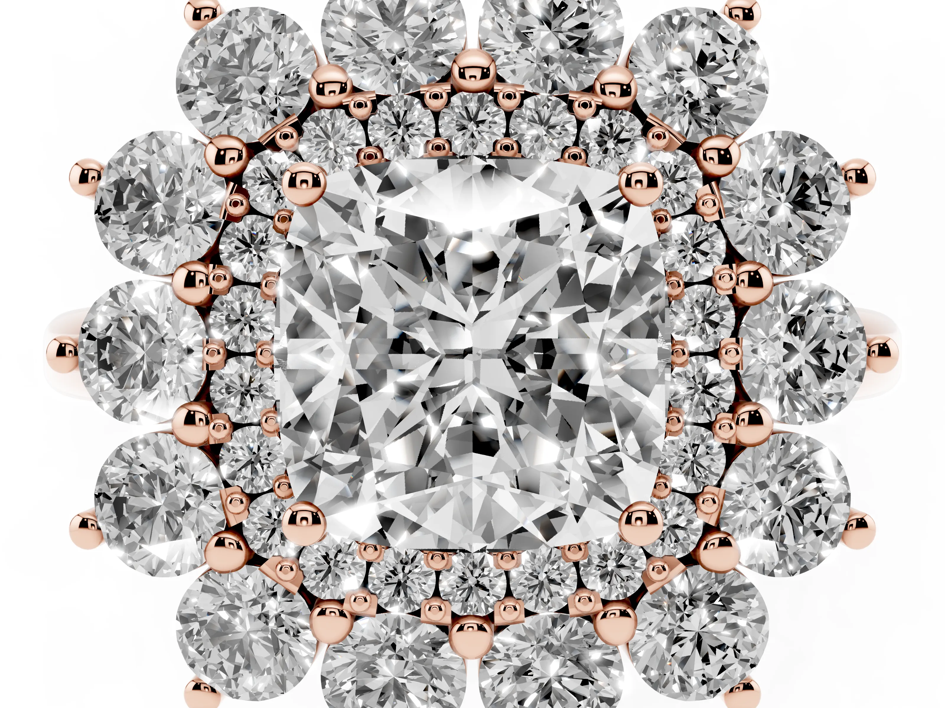 Cushion Cut Diamond Floral Double Halo Ring Set in Rose gold with Round Petals