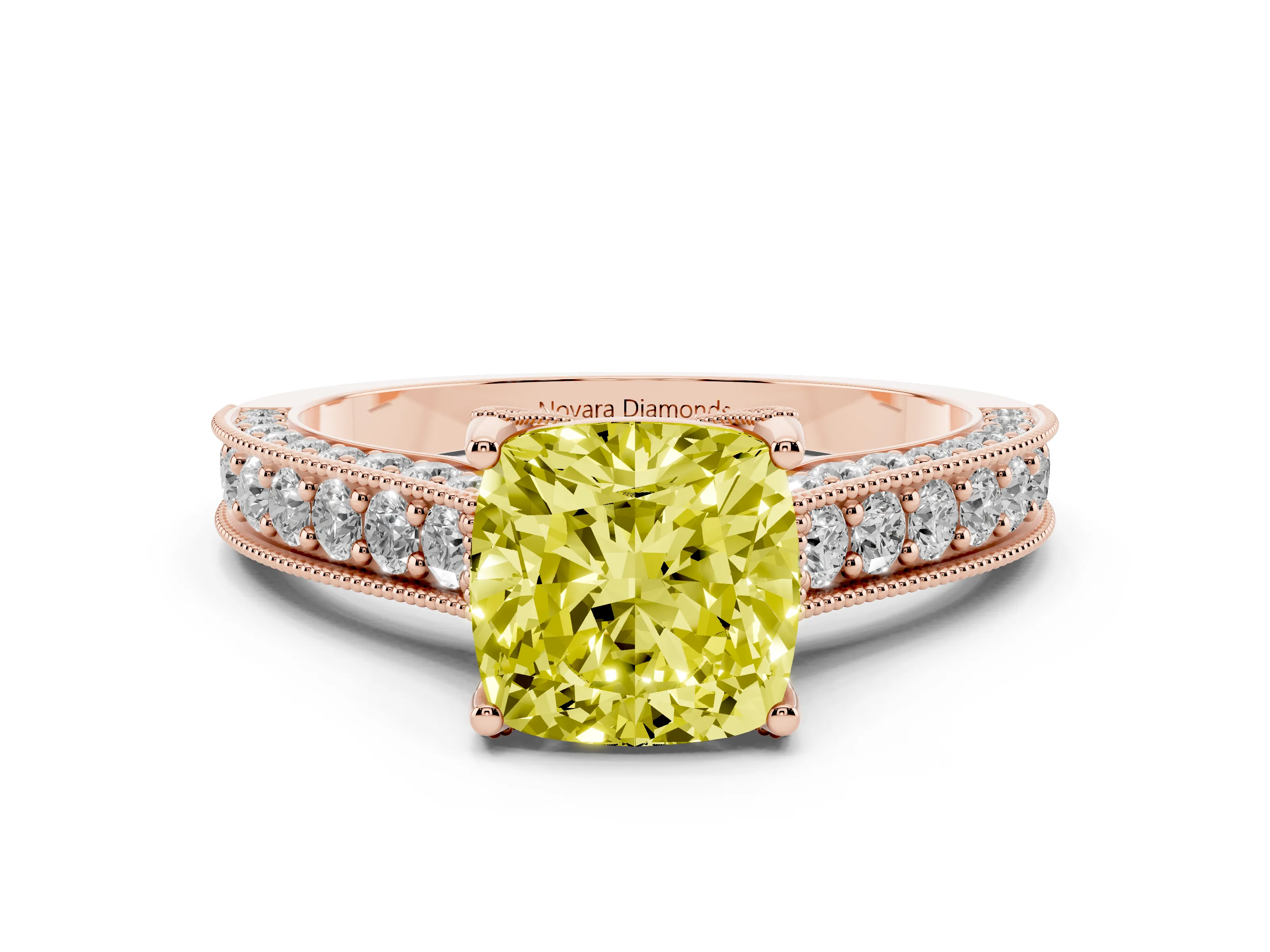 Fancy Yellow Cushion Cut Diamond Solitaire Ring Set in Rose gold with Milgrain-Edged Pavé Band and Prong Setting
