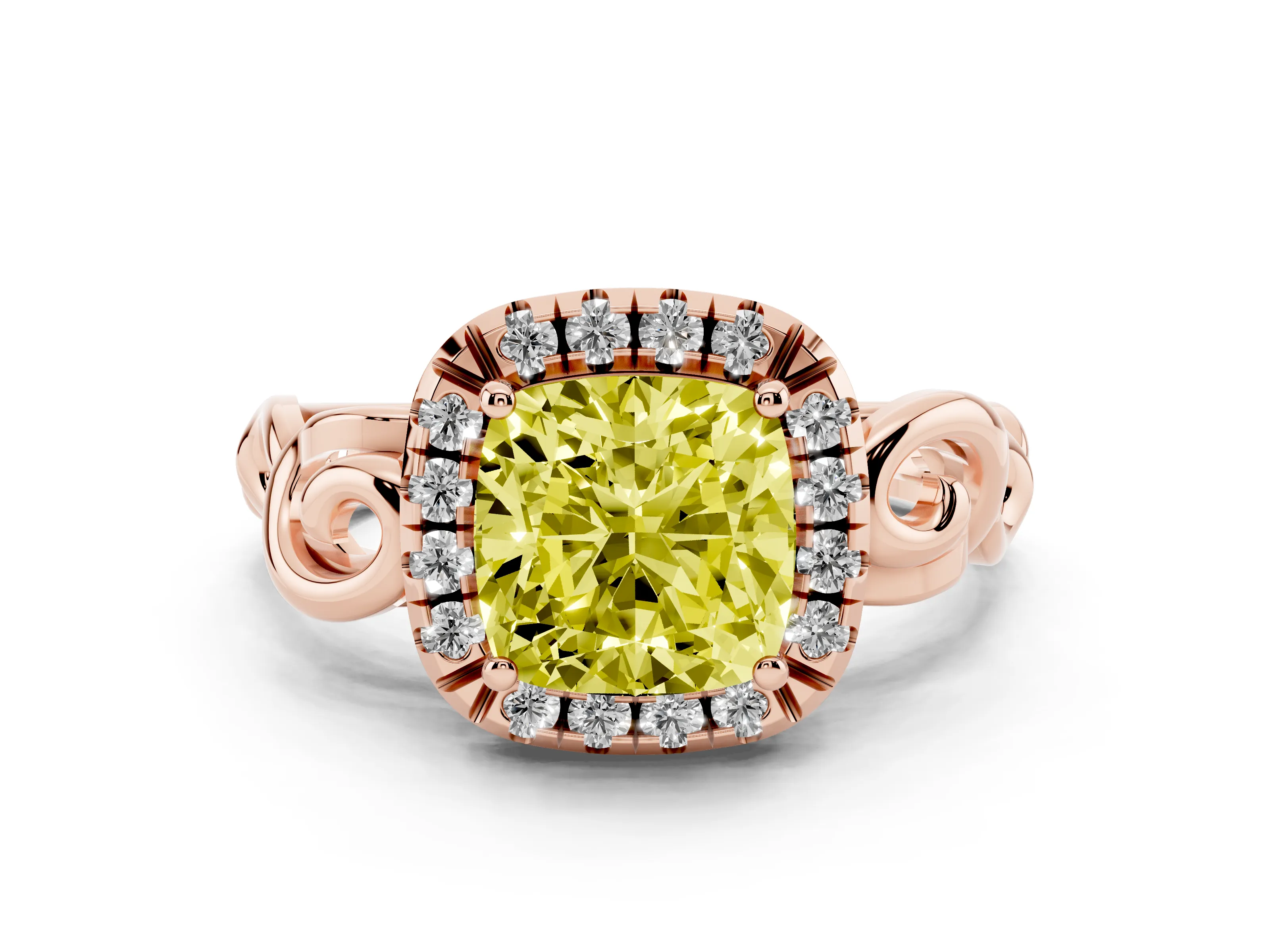 Fancy Yellow Cushion Cut Diamond Halo Ring Set in Rose gold with Scrollwork Band and Prong Setting