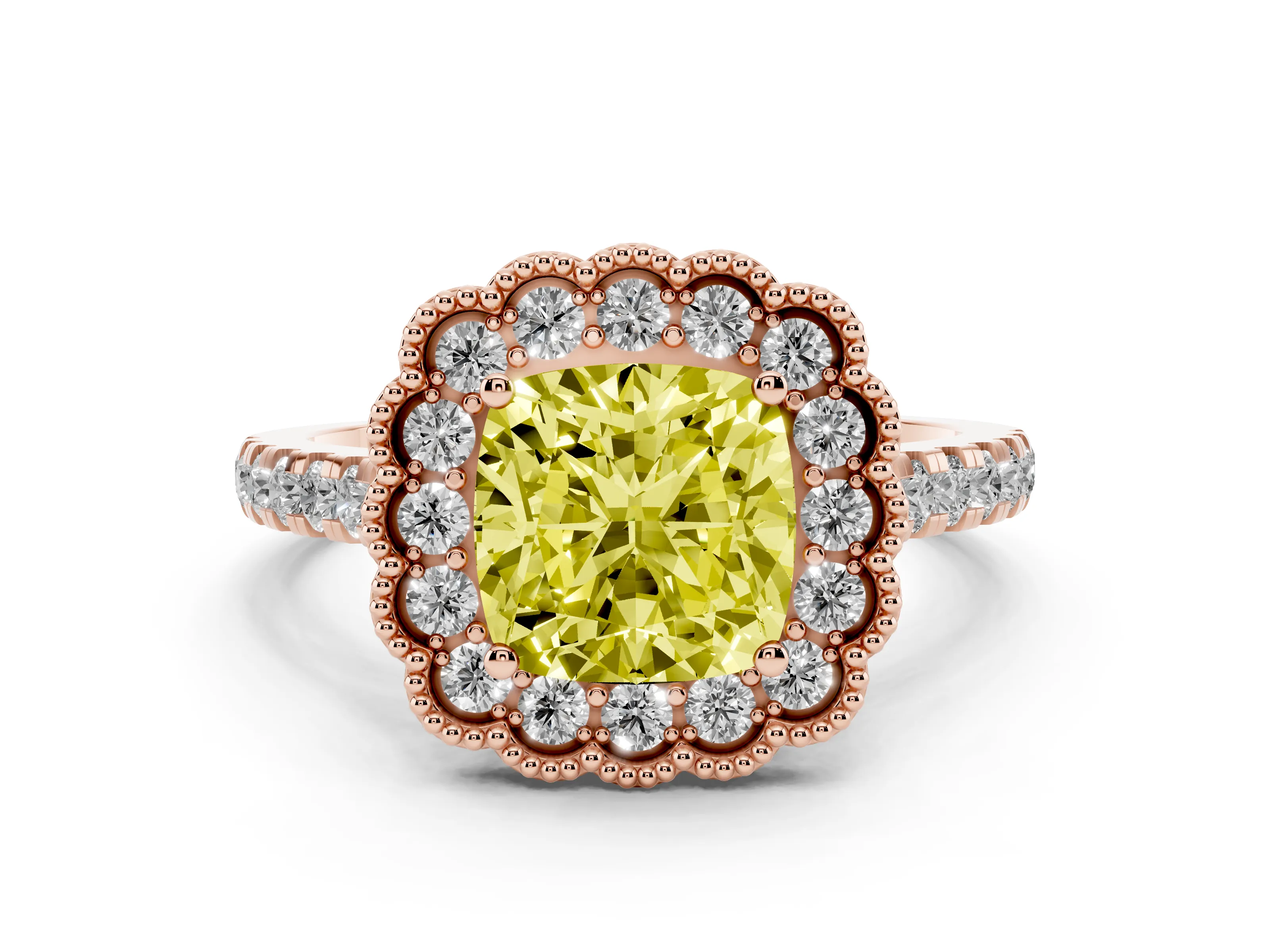 Fancy Yellow Cushion Cut Diamond Milgrain Floral Halo Engagement Ring Set in Rose gold with Pavé Band
