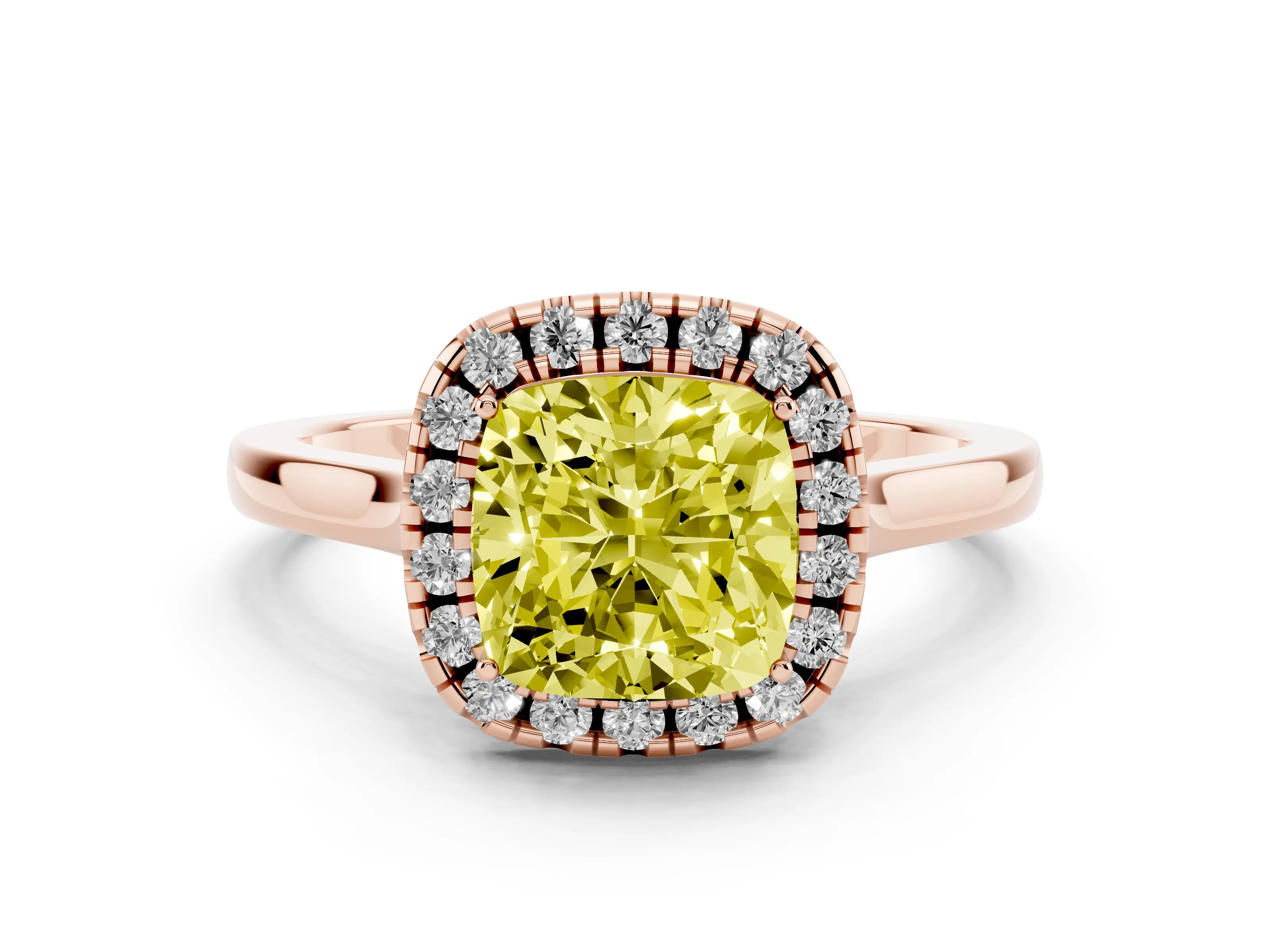 Fancy Yellow Cushion Cut Halo Round Diamond Solitaire Ring Set in Rose gold with Pavé Band and Prong Setting