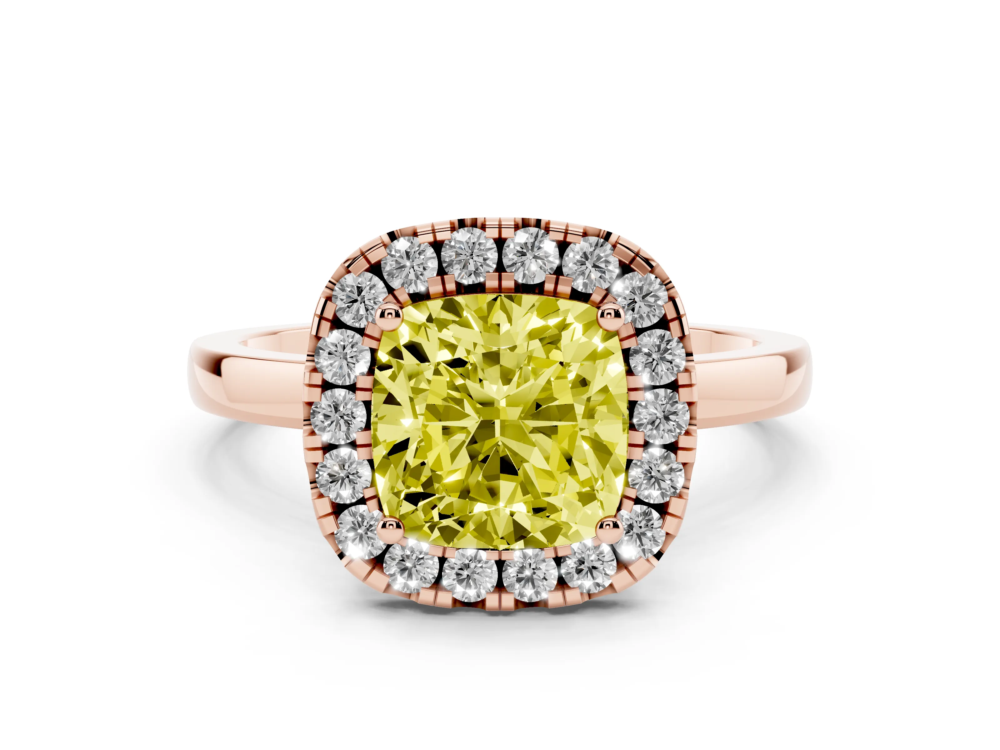 Fancy Yellow Cushion Cut Diamond Halo Solitaire Ring Set in Rose gold with Pavé Band and Prong Setting