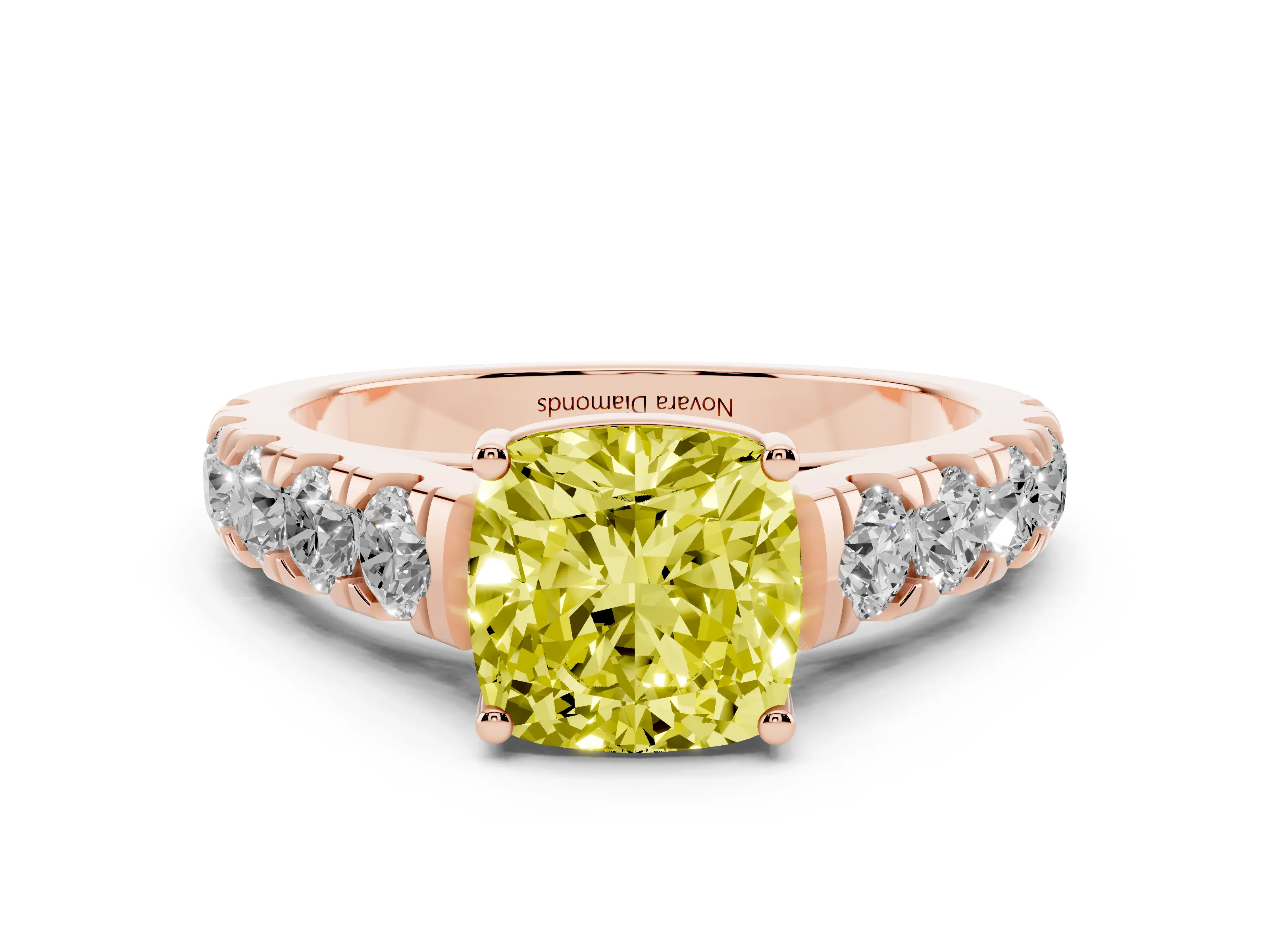 Fancy Yellow Cushion Cut Diamond Solitaire Ring Set in Rose gold with Cut-Down Micro Pavé Band and Prong Setting