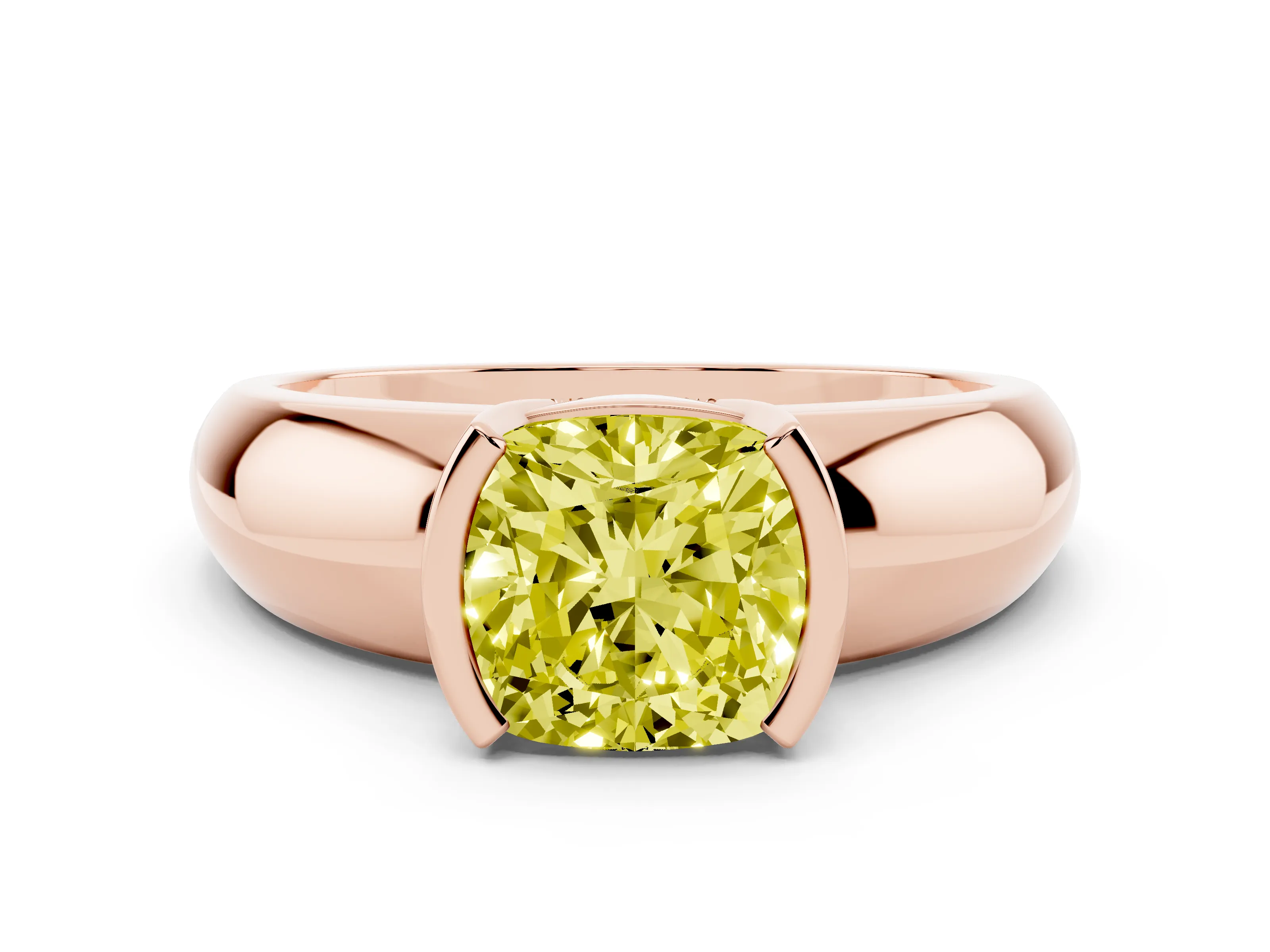 Fancy Yellow Cushion Cut Diamond Solitaire Tension Set Ring Set in Rose gold with Wide Band
