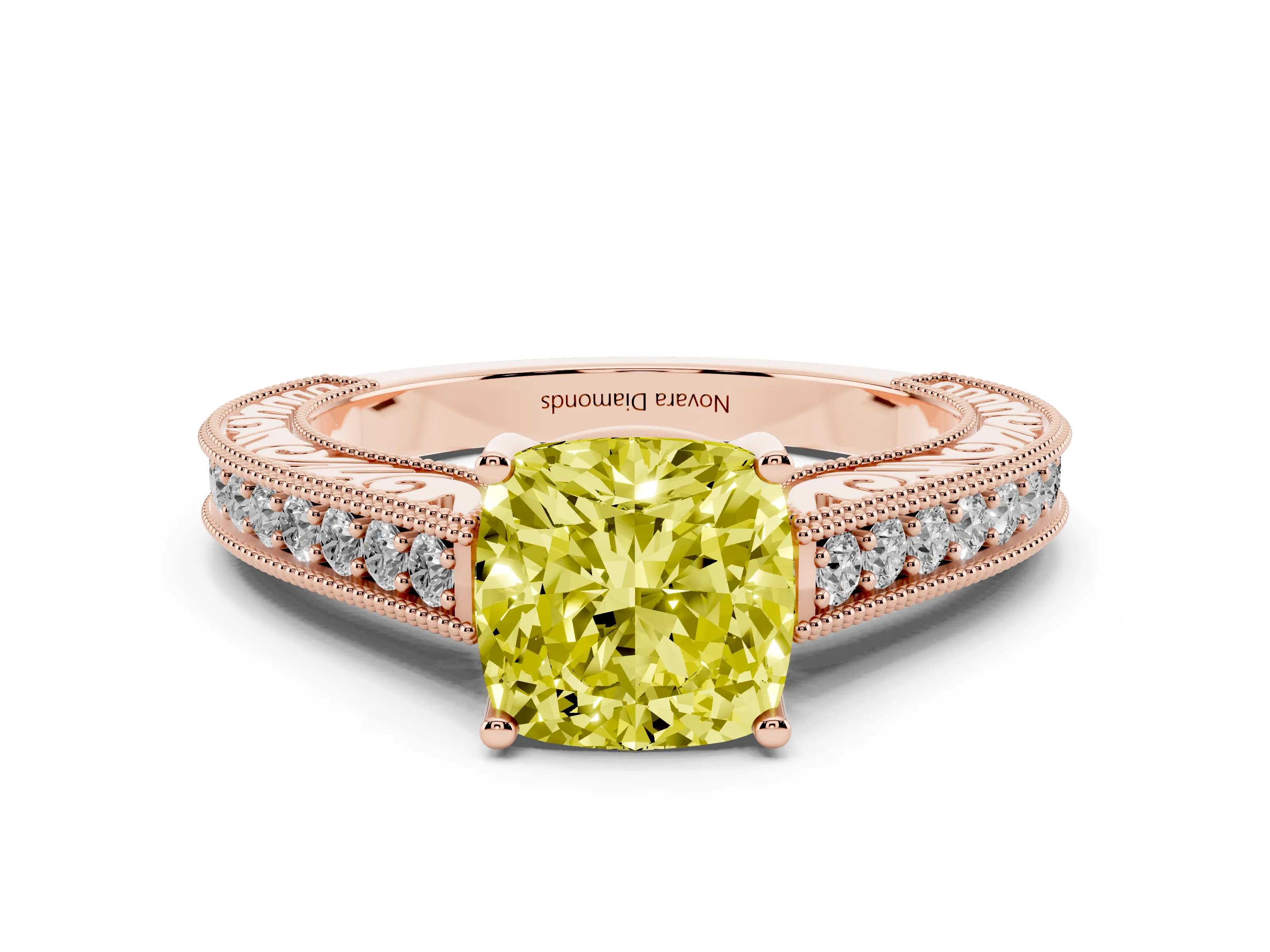 Fancy Yellow Cushion Cut Diamond Milgrain Pavé Band Solitaire Ring Set in Rose gold with Prong Setting