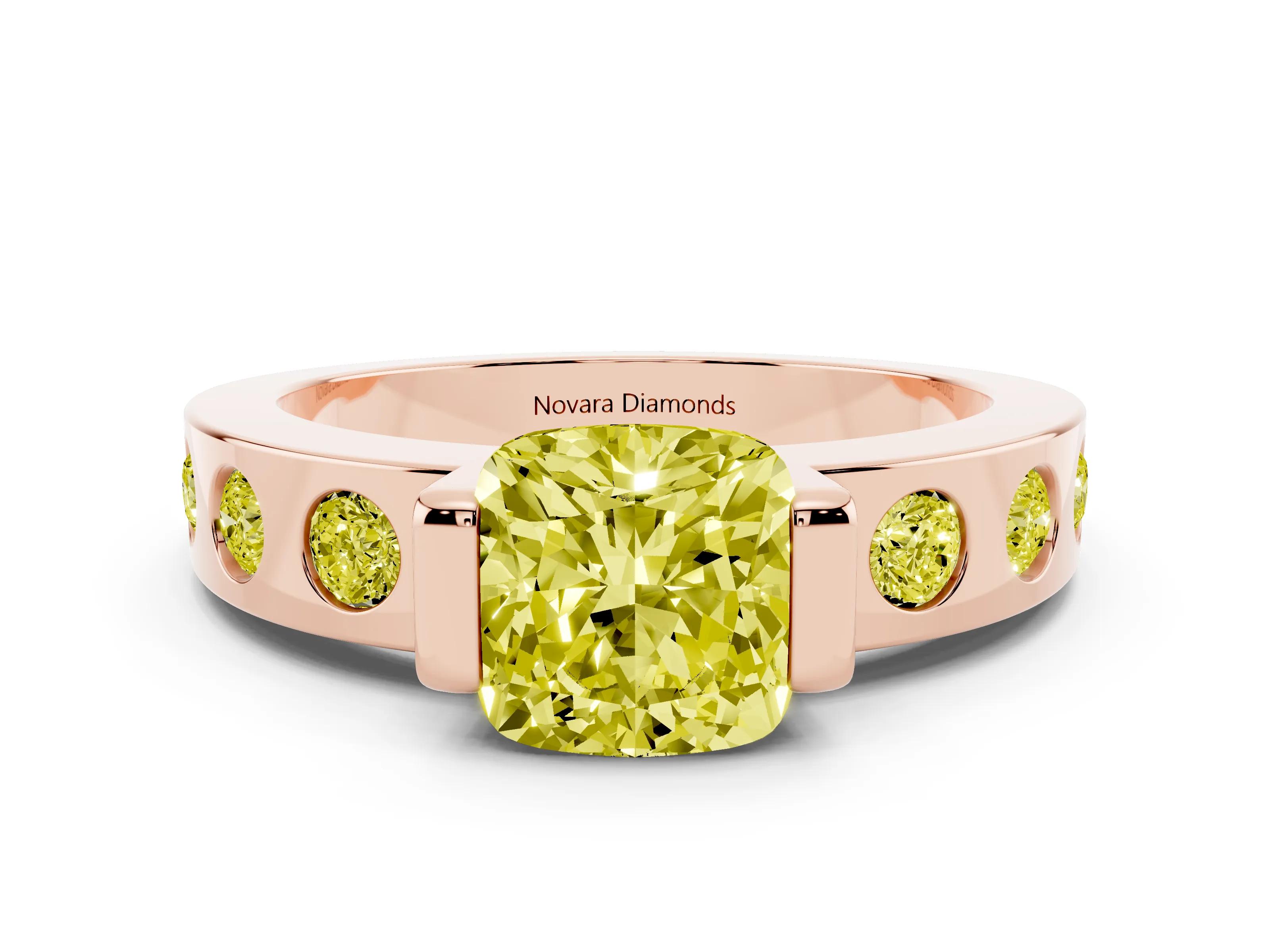 Fancy Yellow Cushion Cut Diamond Channel-Set Band Ring Set in Rose gold with Bezel Prong Setting