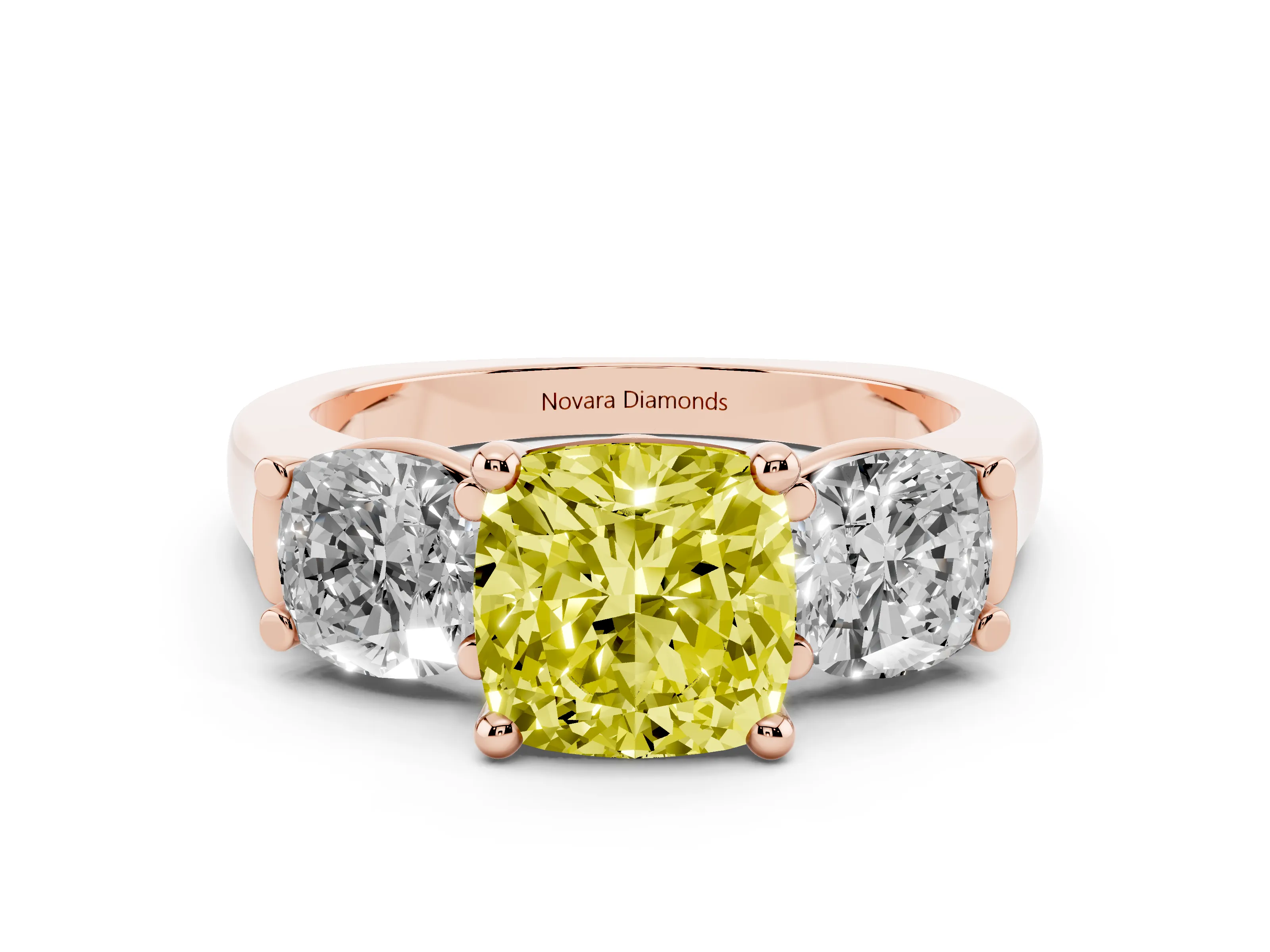 Fancy Yellow Cushion Cut Diamond Three-Stone Trellis Ring Set in Rose gold with Comfort Fit Band