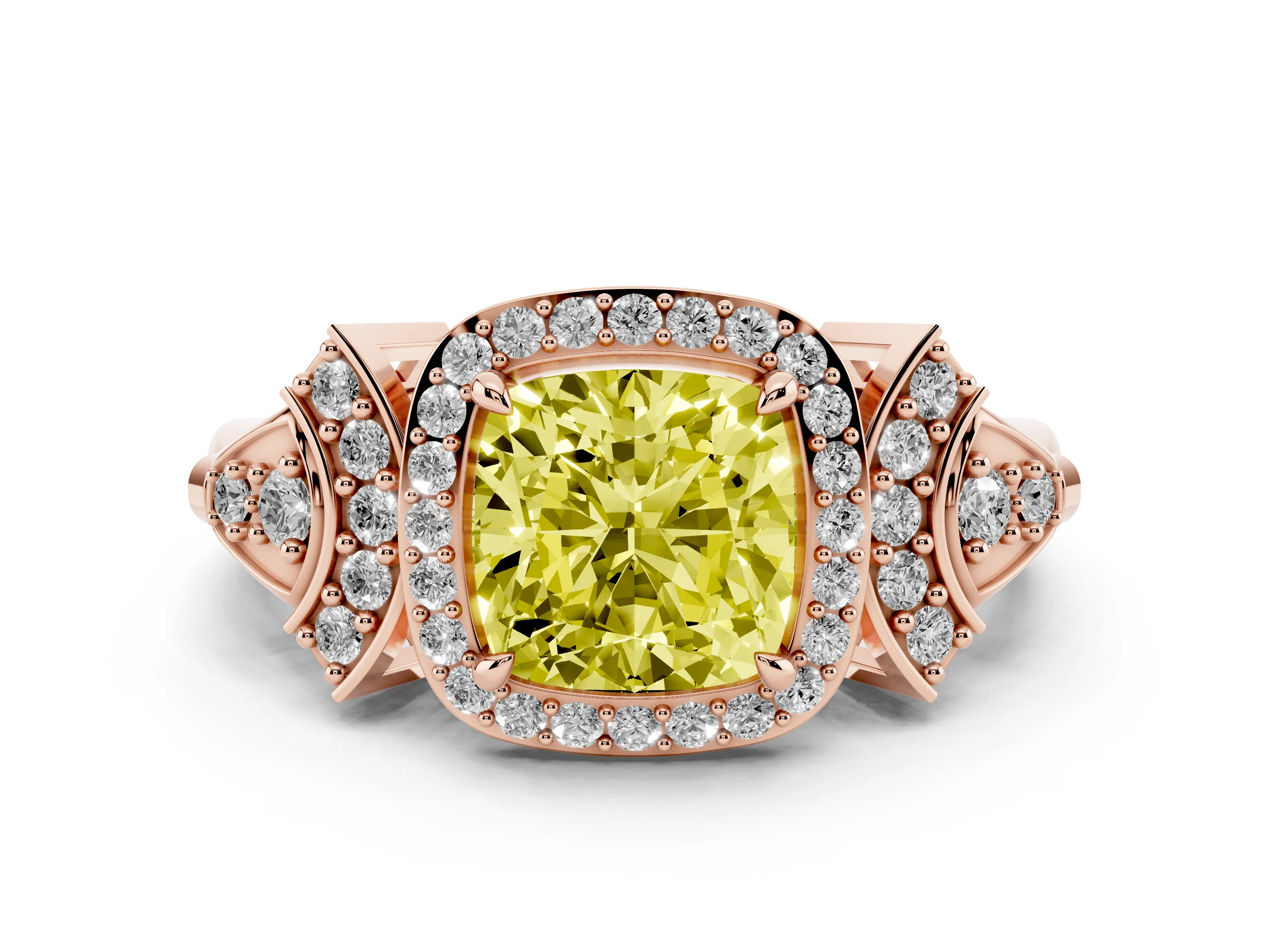 Fancy Yellow Cushion Cut Diamond Halo Engagement Ring Set in Rose gold with Accent Stone Split Shank