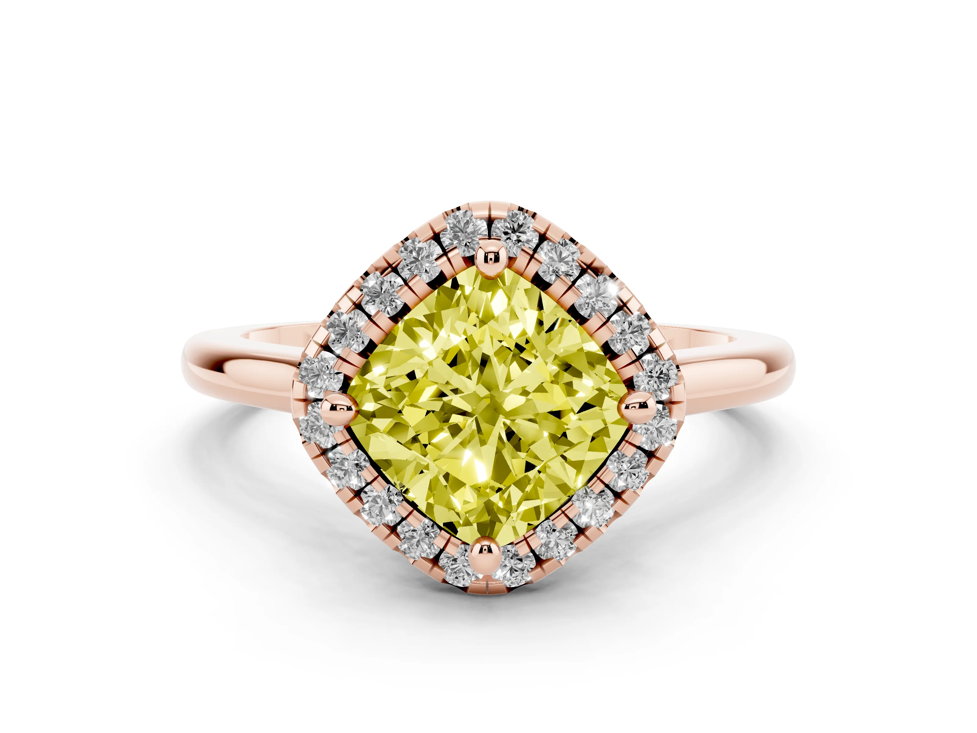 Fancy Yellow Cushion Cut Diamond Halo Engagement Ring Set in Rose gold with Pavé Band and Rising Shoulders