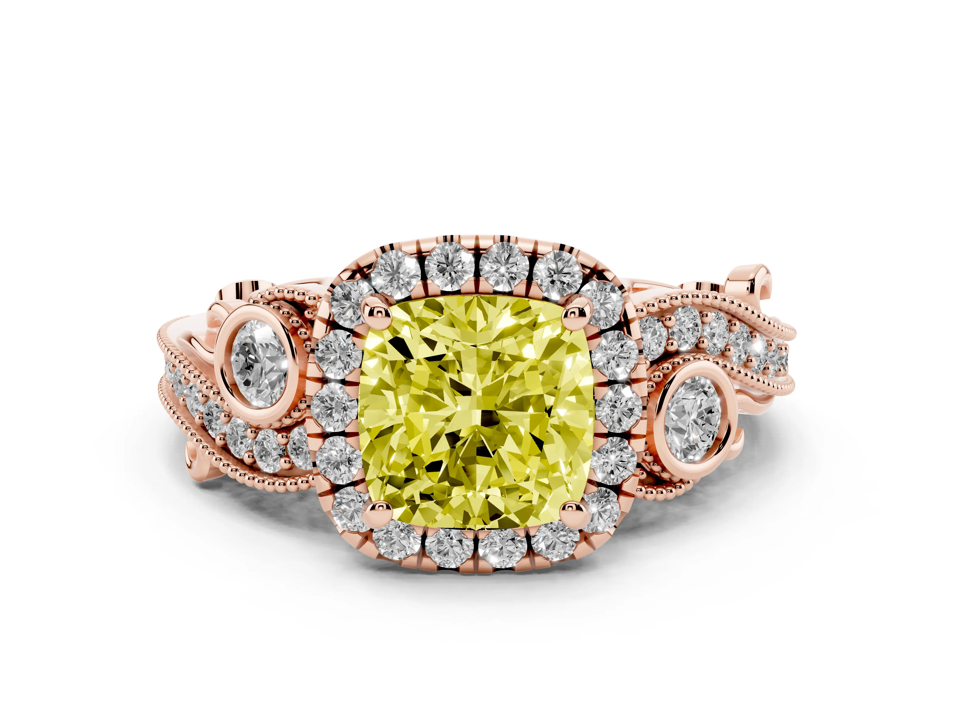 Fancy Yellow Cushion Cut Diamond Halo Ring Set in Rose gold with Milgrain Pavé Band and Prong Setting